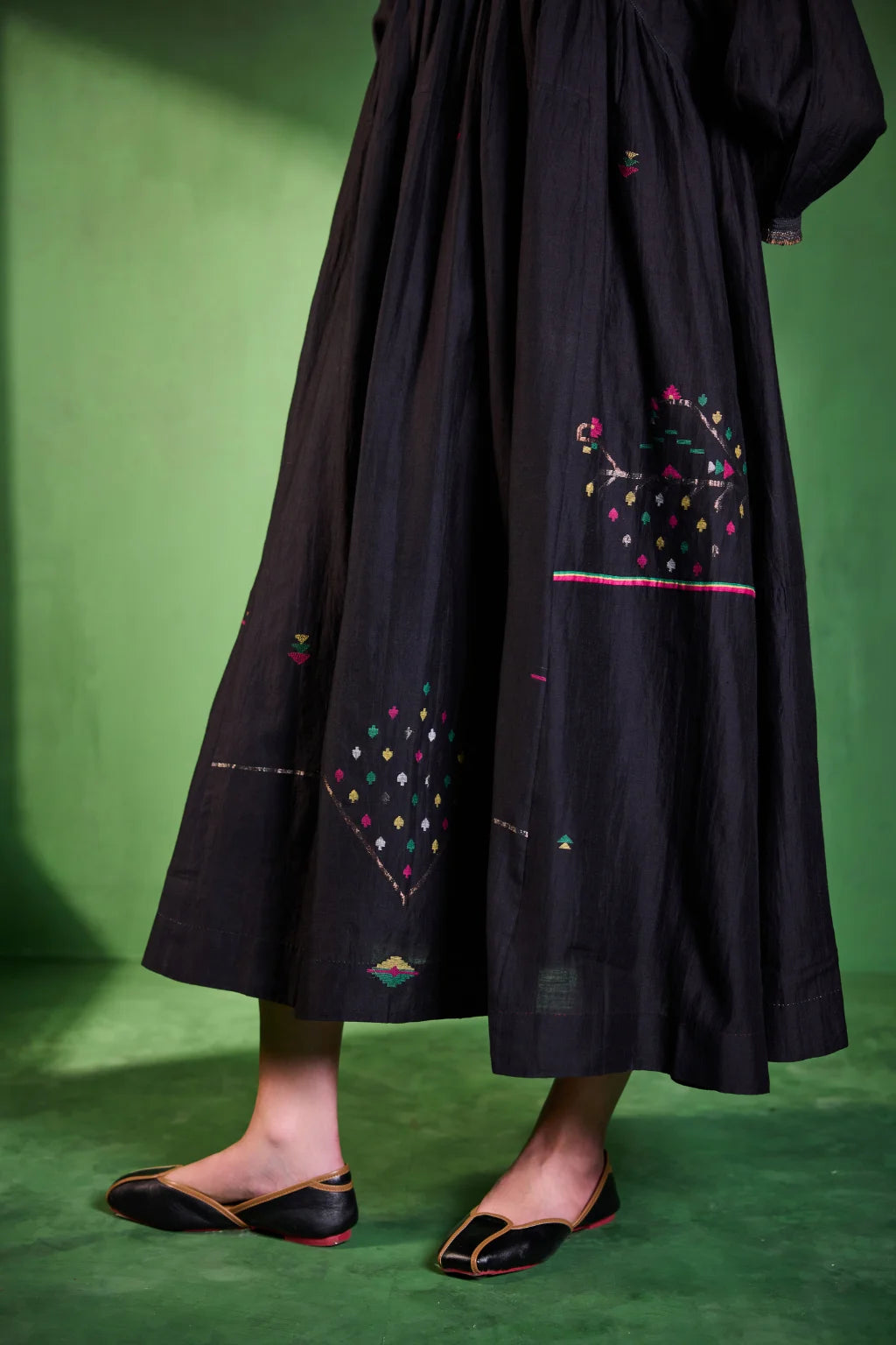 Sarron Kalindi Dress, black silk-cotton Jamdani dress with a V-neck and handwoven geometric motifs.