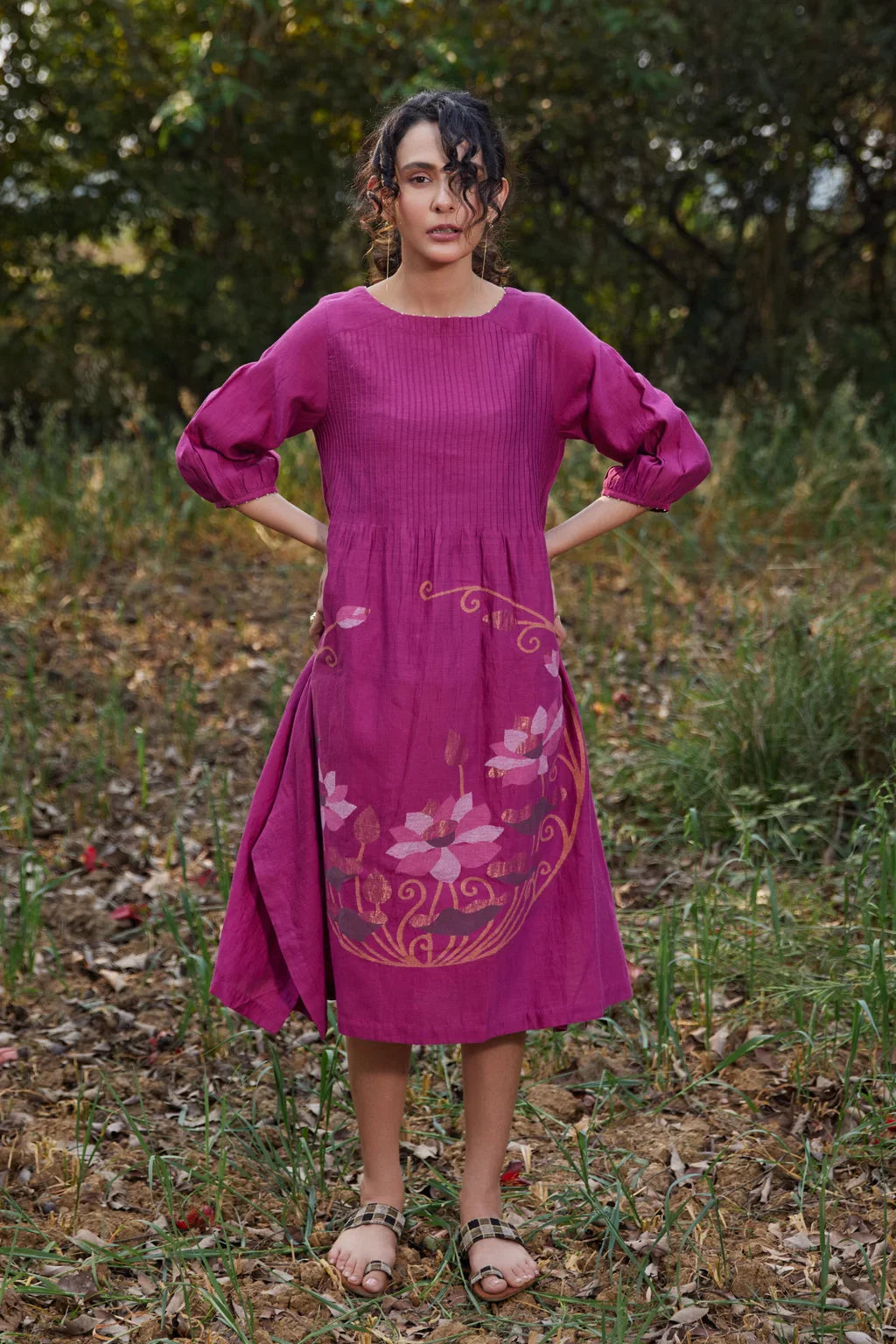 Sarron Keya Dress, fuchsia silk-cotton Jamdani dress with handwoven floral motifs on the skirt.