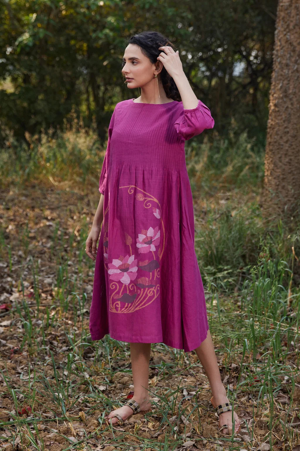 Sarron Keya Dress, fuchsia silk-cotton Jamdani dress with handwoven floral motifs on the skirt.