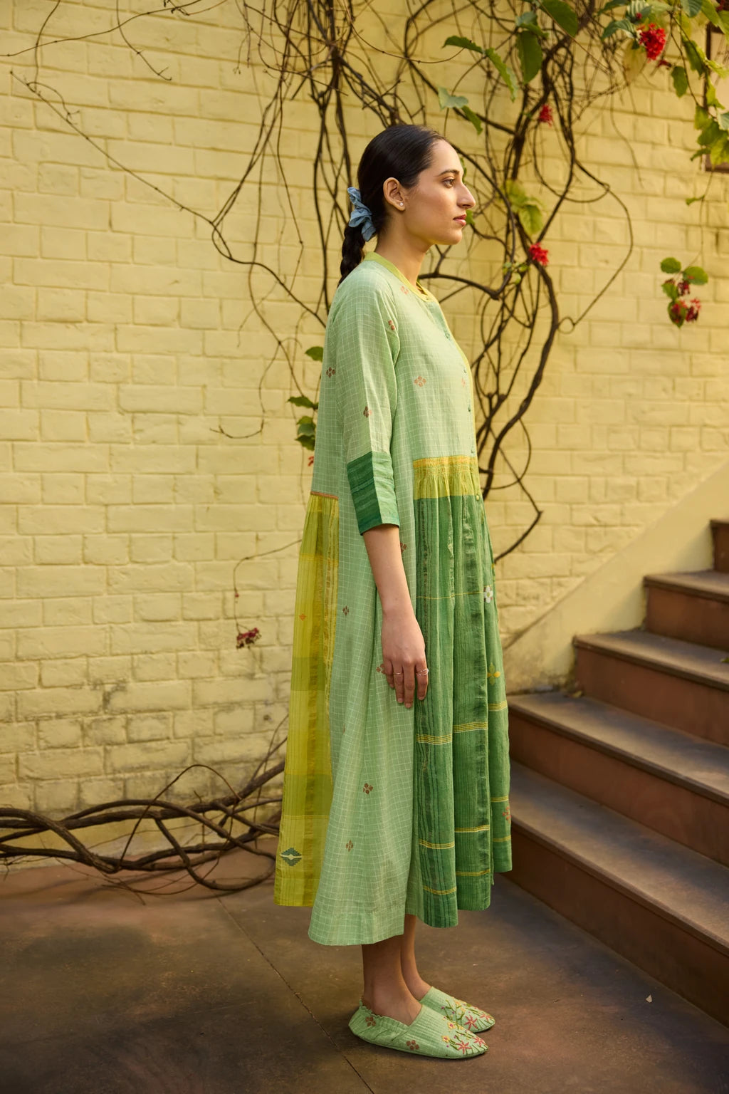 Kiran Dress — Green and yellow patchwork Jamdani dress — back view | Sarron