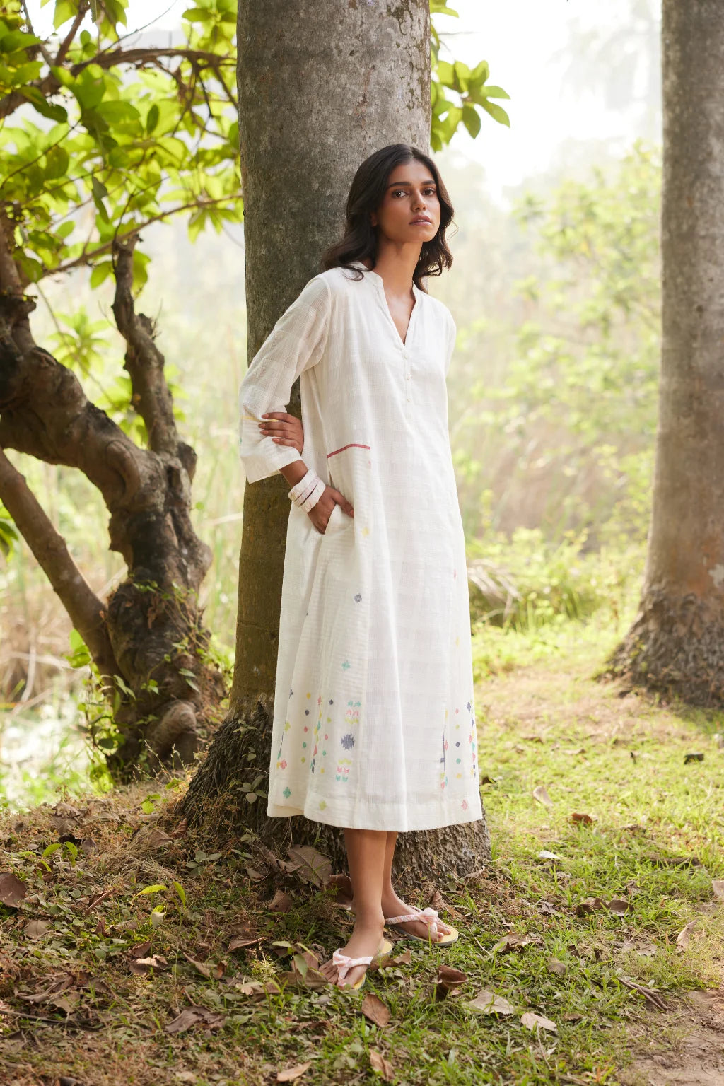 Sarron Lalitha Dress, white patchwork dress in cotton check and cotton Jamdani with geometric motifs.