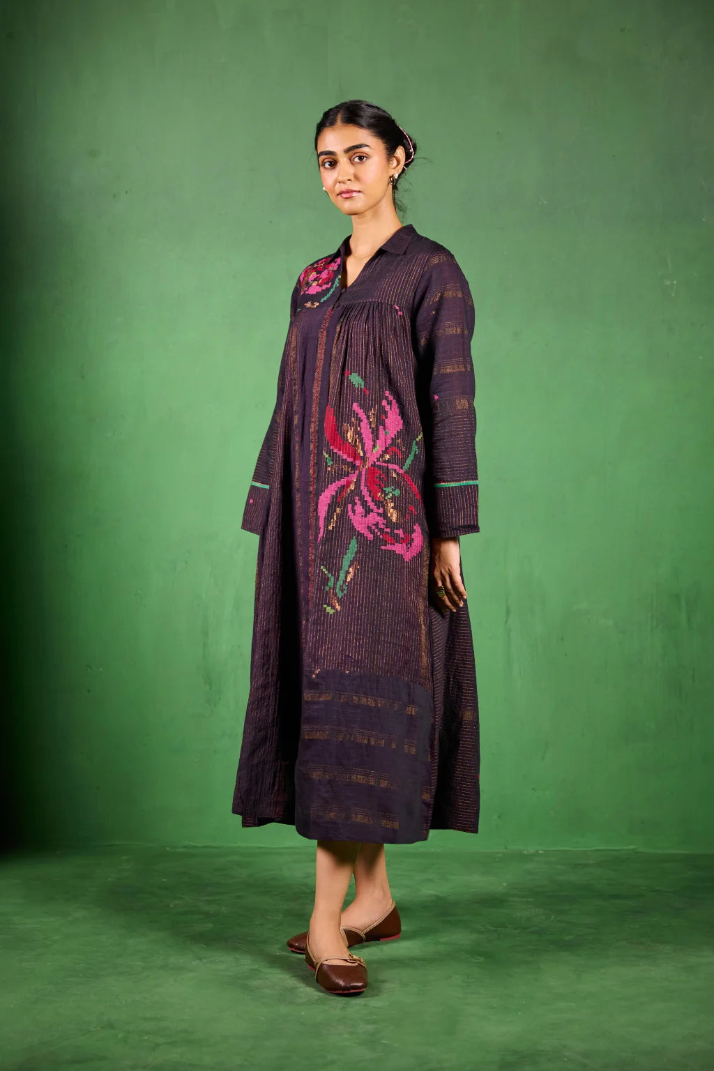 Sarron Madhavi Dress, deep purple silk-cotton Jamdani dress with large graph-style floral motifs and zari stripes.