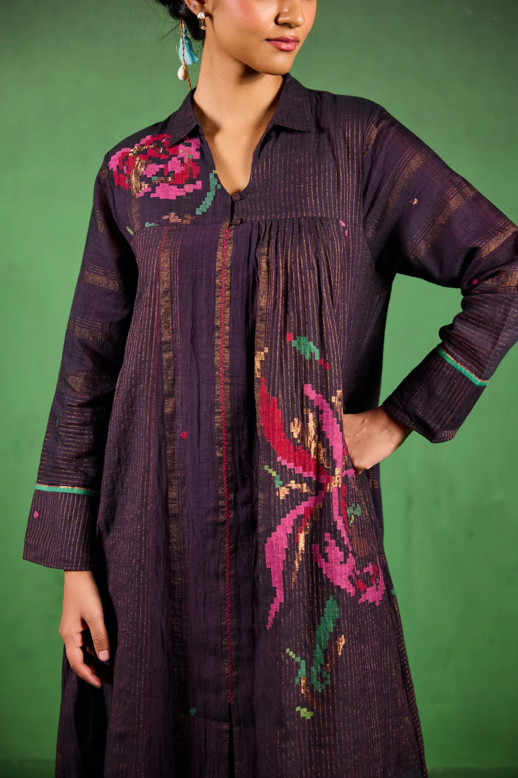 Sarron Madhavi Dress, deep purple silk-cotton Jamdani dress with large graph-style floral motifs and zari stripes.
