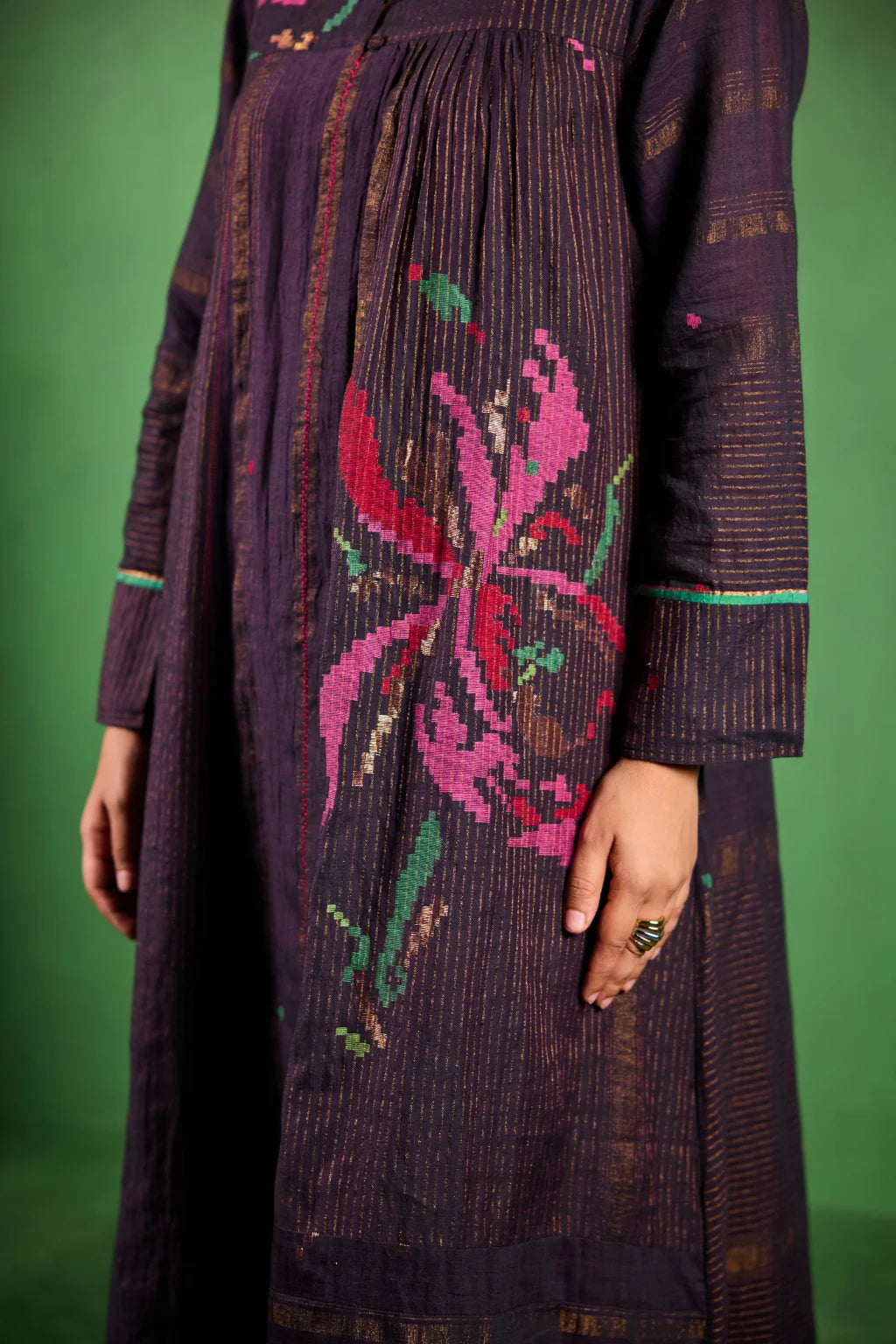 Sarron Madhavi Dress, deep purple silk-cotton Jamdani dress with large graph-style floral motifs and zari stripes.