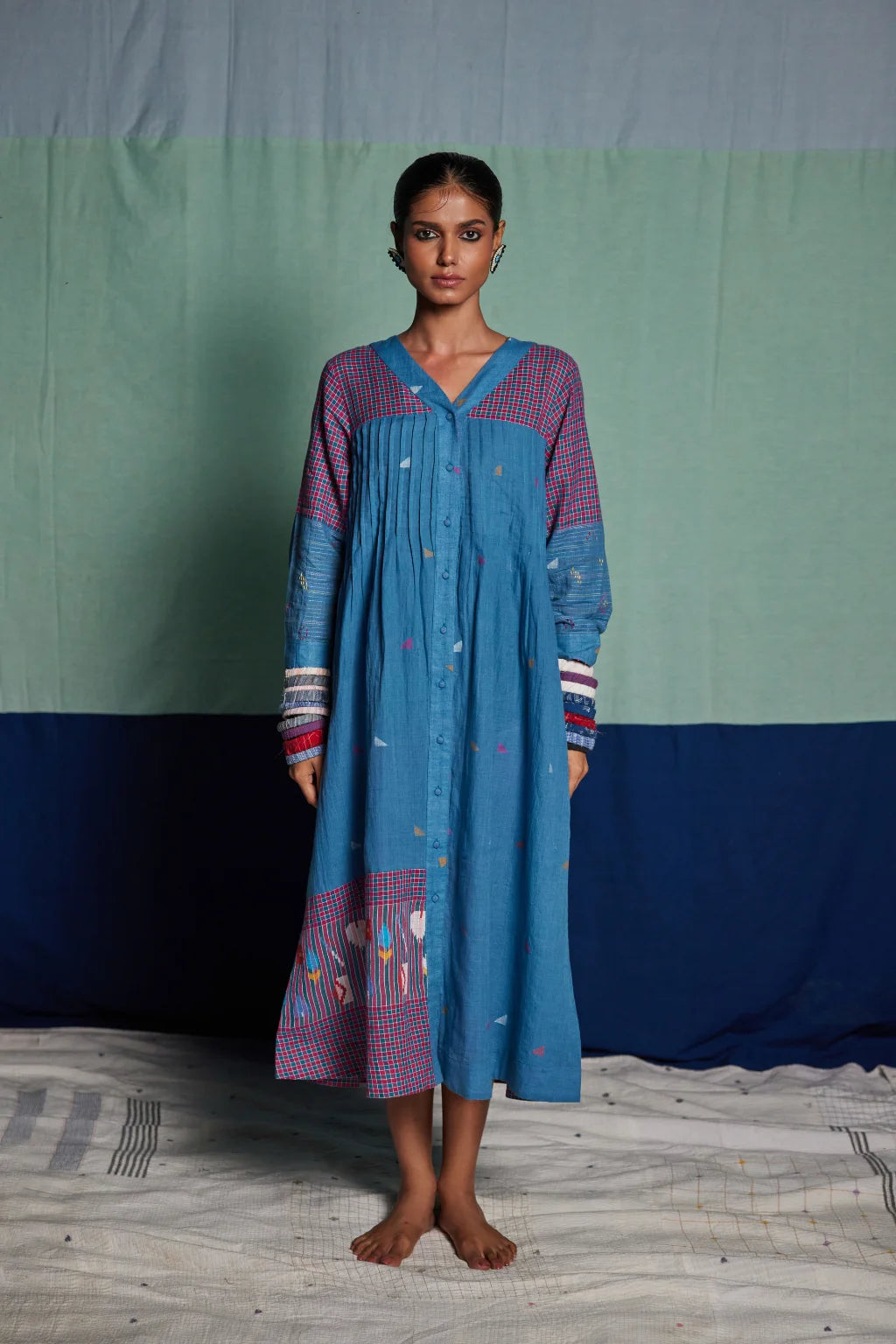 Sarron Mandakini Dress, blue and red check patchwork cotton Jamdani dress with geometric butas.