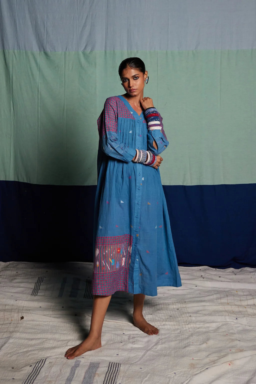 Sarron Mandakini Dress, blue and red check patchwork cotton Jamdani dress with geometric butas.