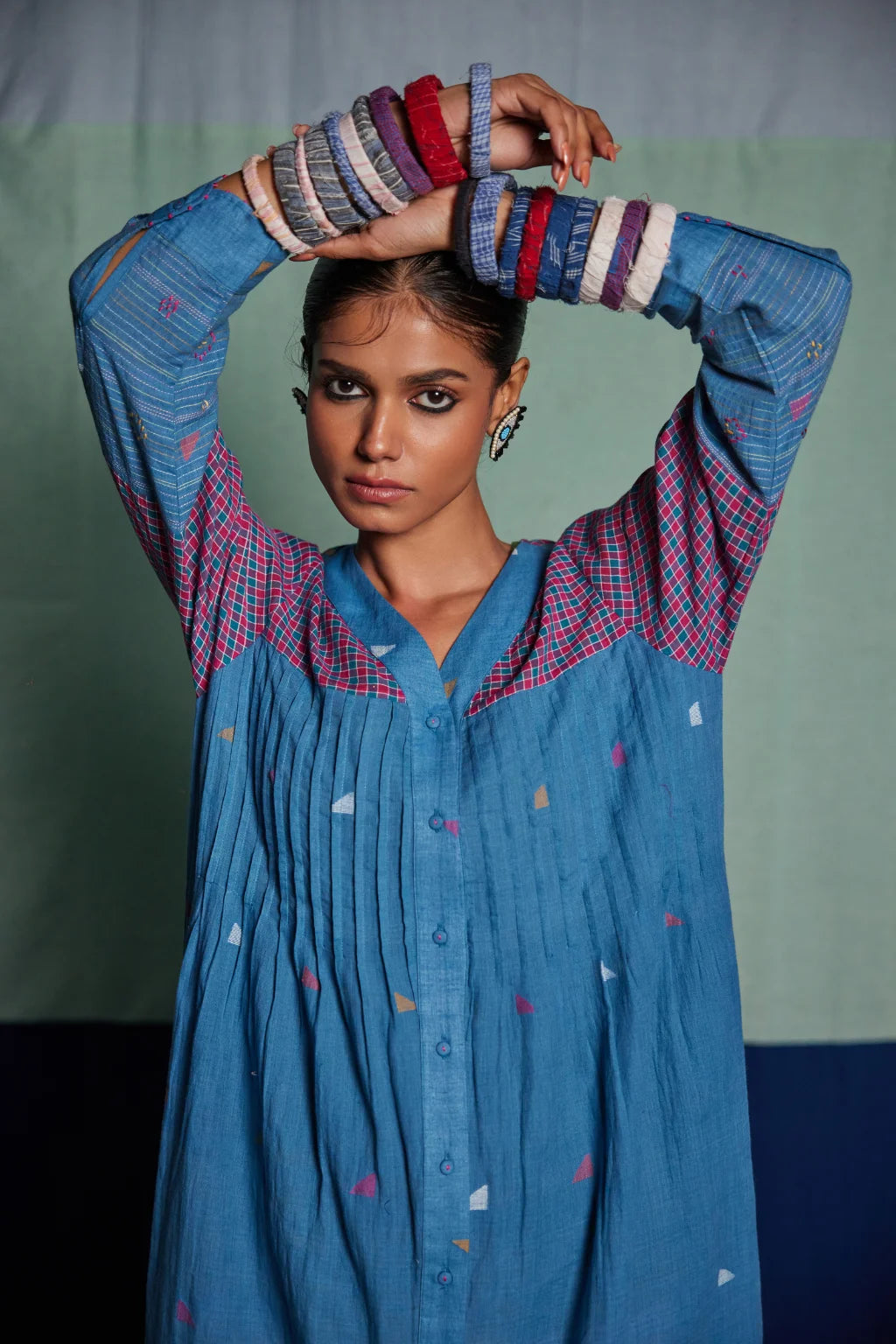 Sarron Mandakini Dress, blue and red check patchwork cotton Jamdani dress with geometric butas.