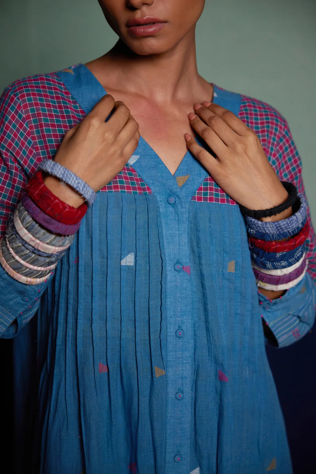 Sarron Mandakini Dress, blue and red check patchwork cotton Jamdani dress with geometric butas.