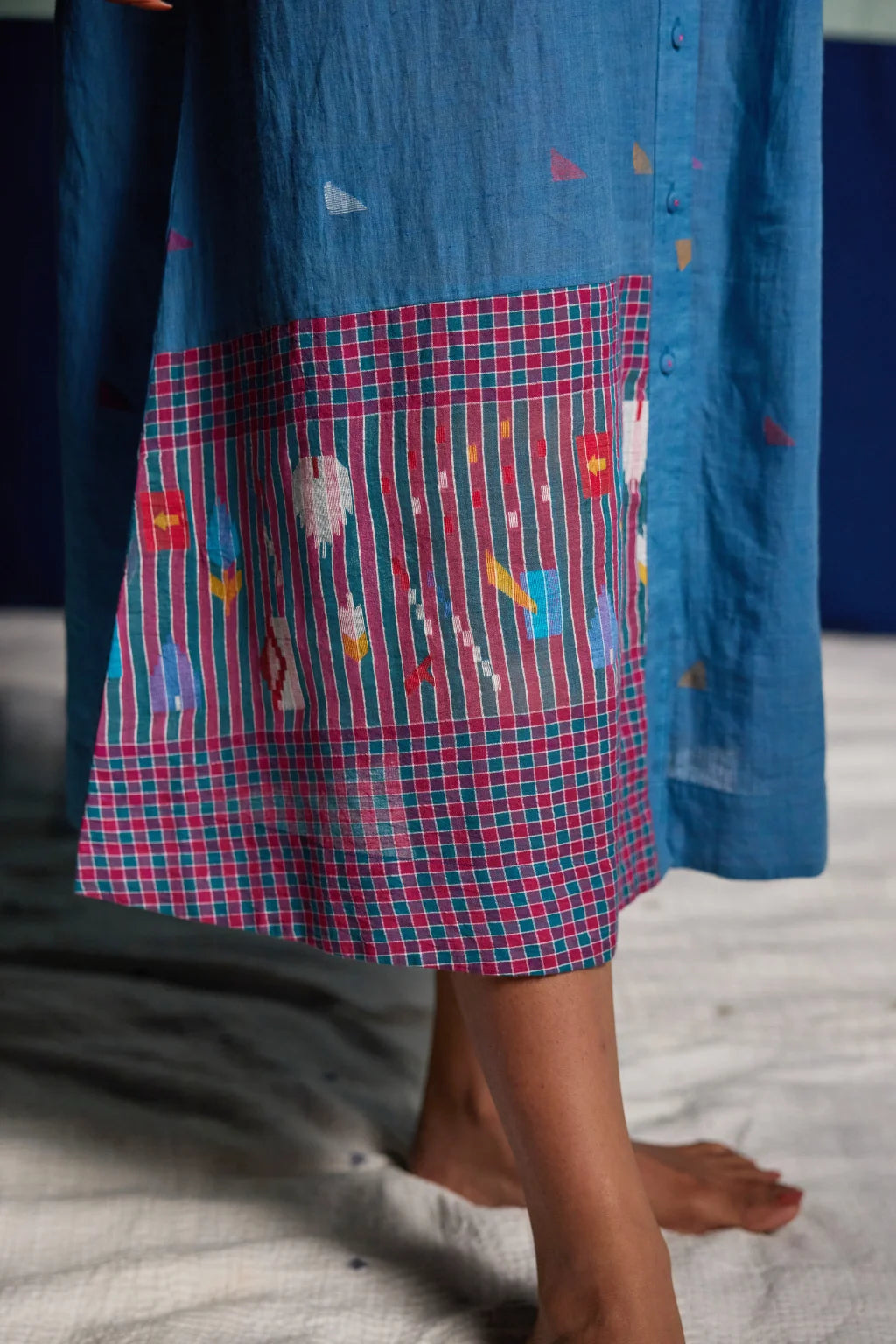 Sarron Mandakini Dress, blue and red check patchwork cotton Jamdani dress with geometric butas.