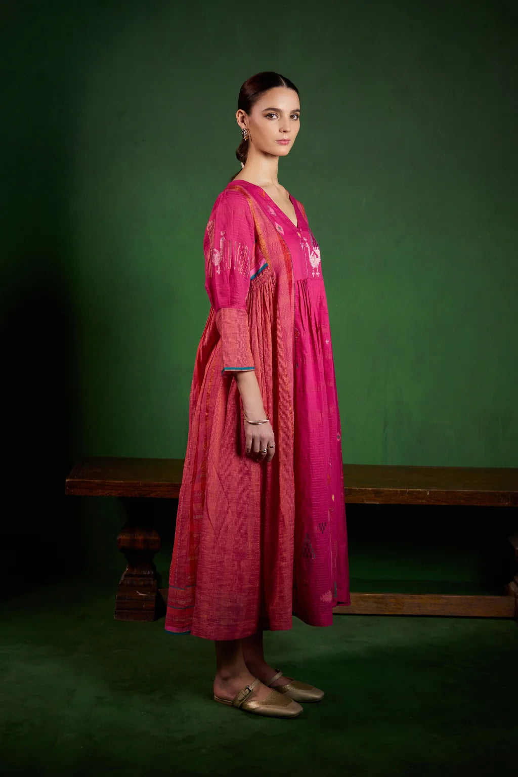 Sarron Mayura Dress, fuchsia pink silk-cotton Jamdani dress with handwoven peacock motifs and zari stripes.