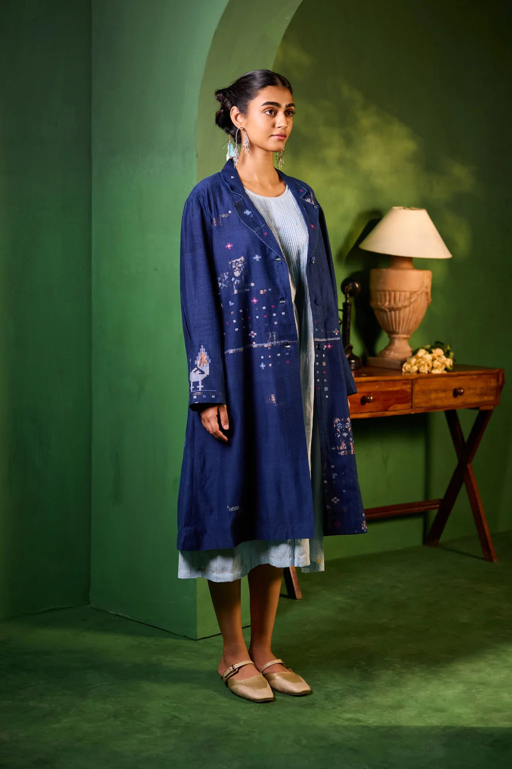 Sarron Neelambari Jacket, deep indigo silk-cotton Jamdani jacket with handwoven peacock and lion motifs.