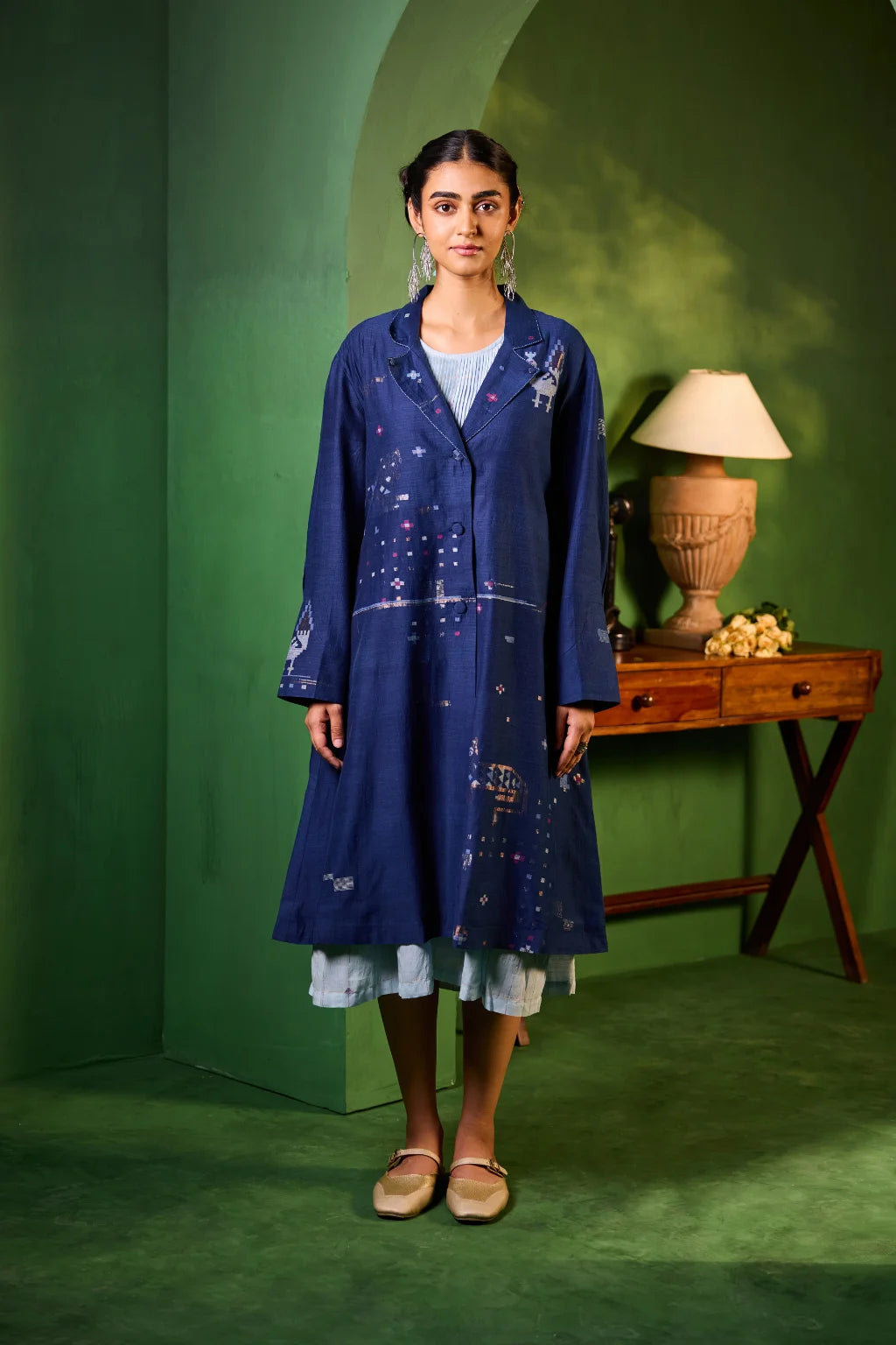 Sarron Neelambari Set, deep indigo silk-cotton Jamdani jacket and dress with peacock and lion motifs.
