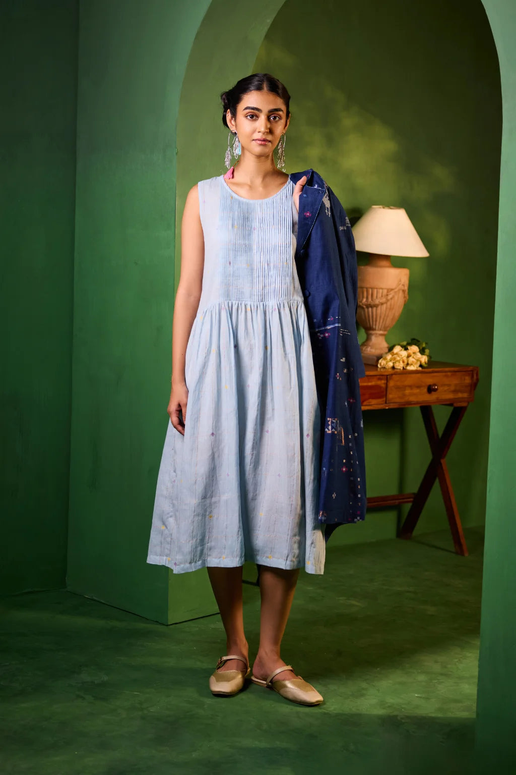 Sarron Neelambari Set, deep indigo silk-cotton Jamdani jacket and dress with peacock and lion motifs.