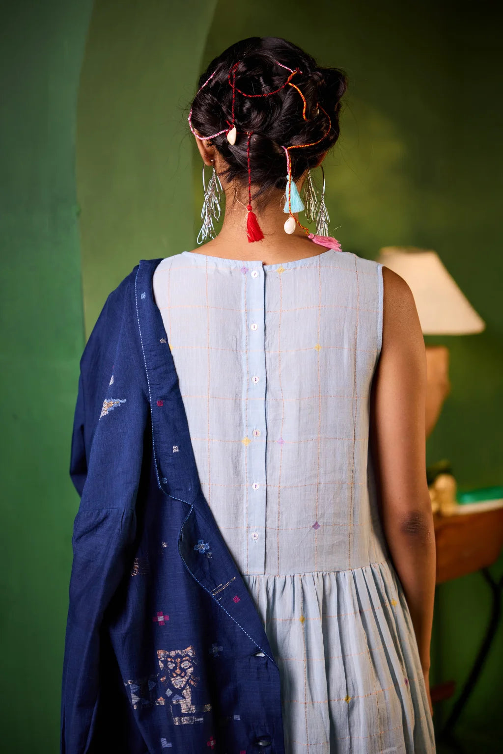 Sarron Neelambari Set, deep indigo silk-cotton Jamdani jacket and dress with peacock and lion motifs.