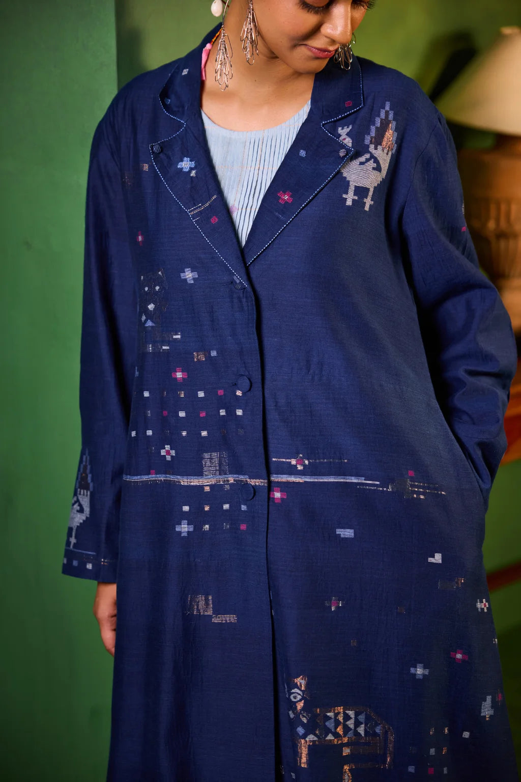 Sarron Neelambari Set, deep indigo silk-cotton Jamdani jacket and dress with peacock and lion motifs.