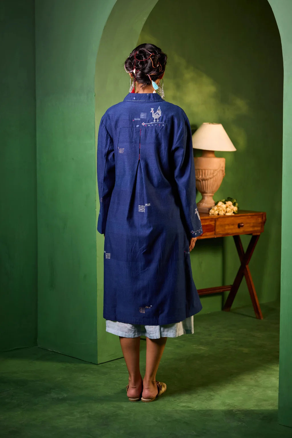 Sarron Neelambari Set, deep indigo silk-cotton Jamdani jacket and dress with peacock and lion motifs.