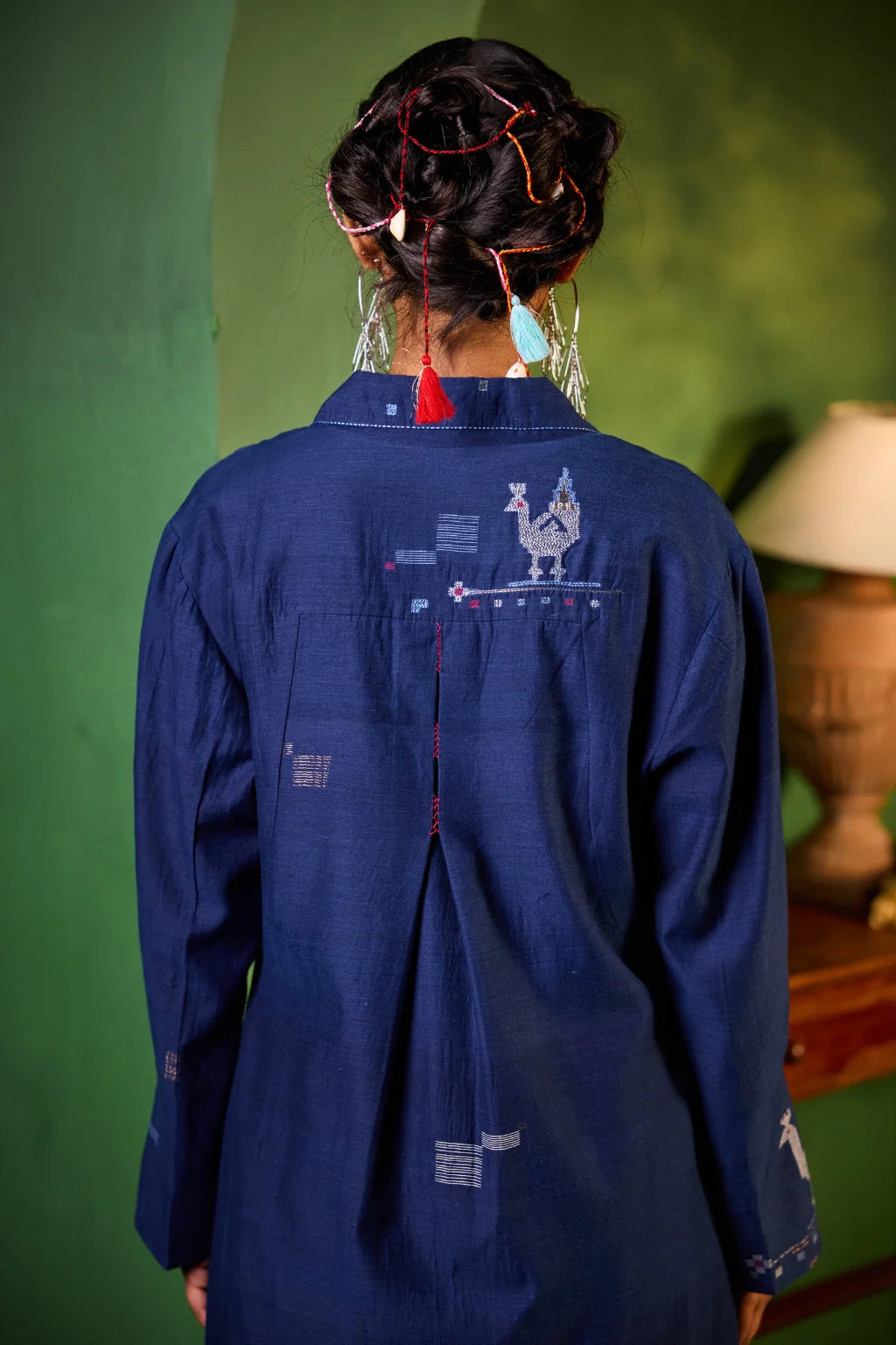 Sarron Neelambari Set, deep indigo silk-cotton Jamdani jacket and dress with peacock and lion motifs.