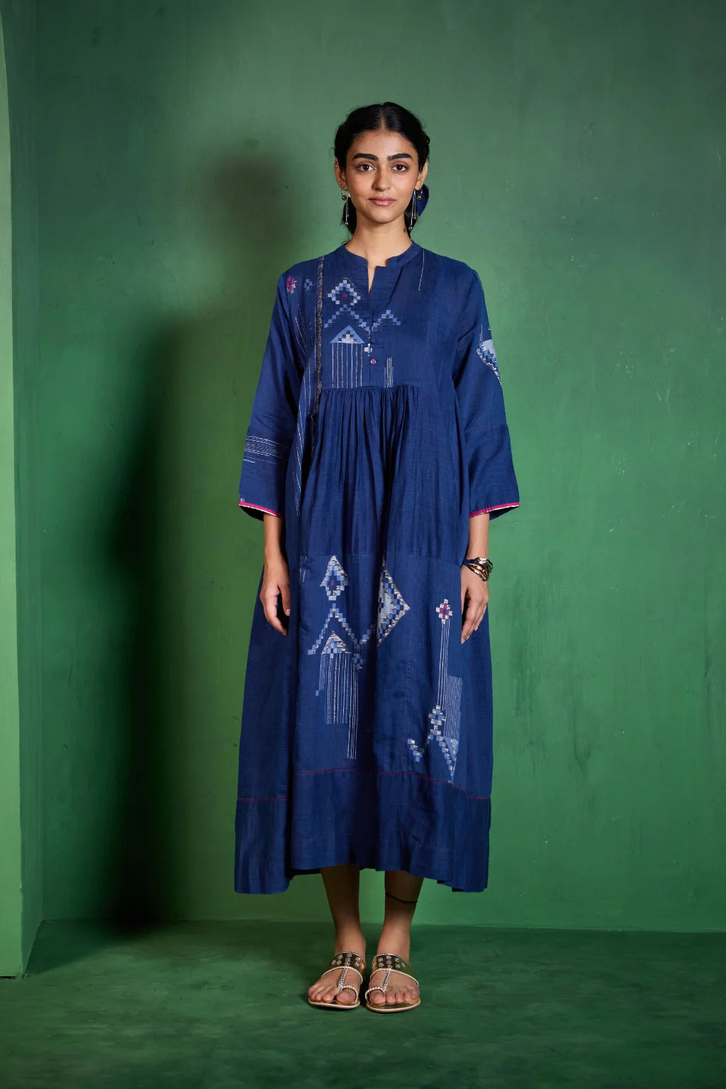 Sarron Neelima Dress, deep indigo silk-cotton Jamdani dress with geometric motifs and a mandarin collar.