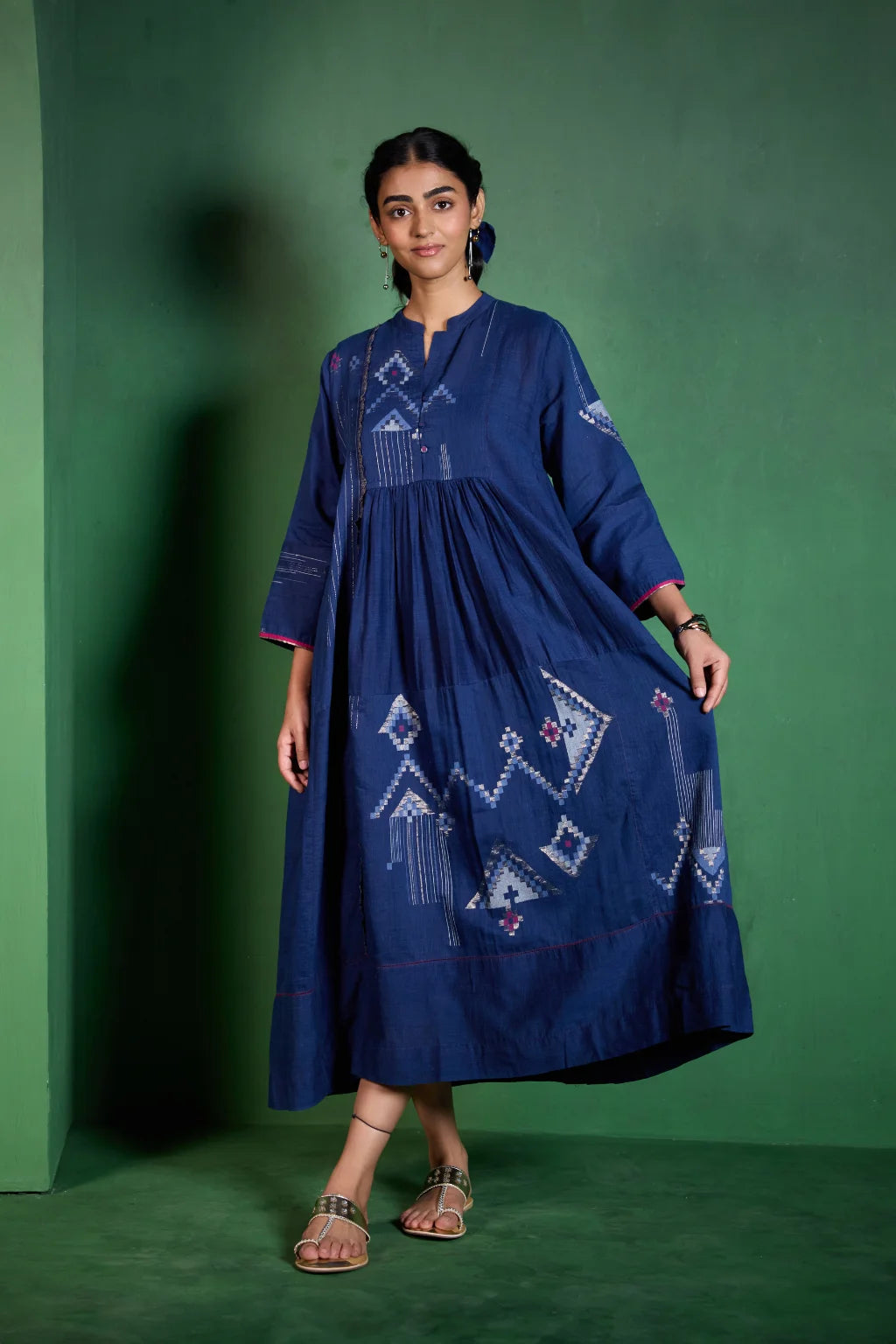 Sarron Neelima Dress, deep indigo silk-cotton Jamdani dress with geometric motifs and a mandarin collar.
