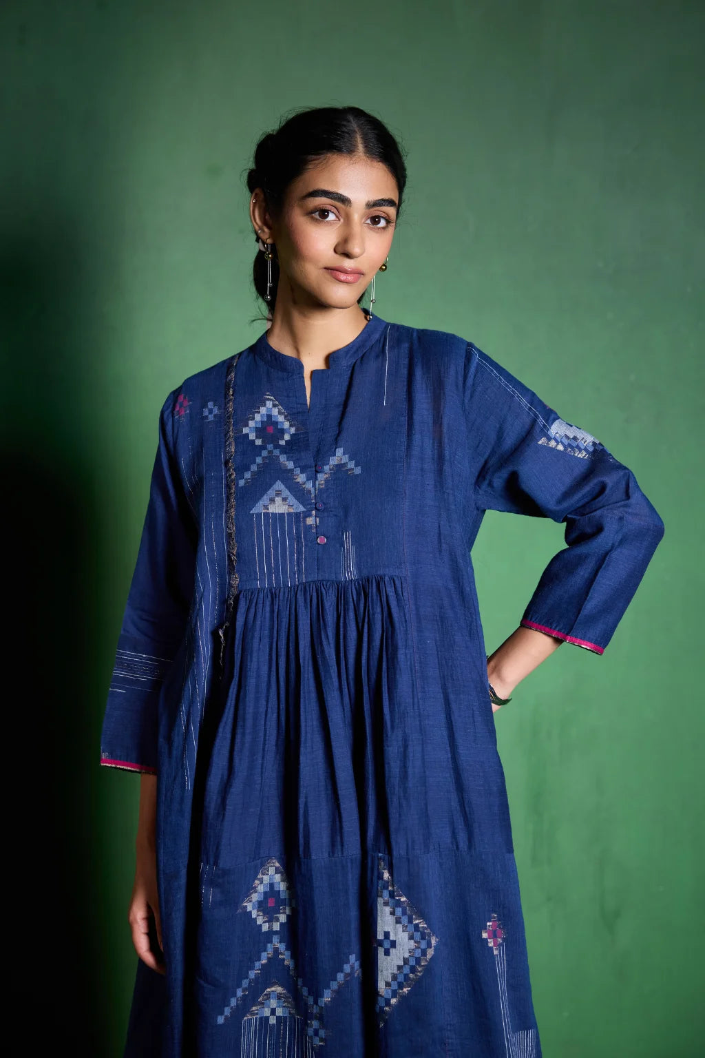 Sarron Neelima Dress, deep indigo silk-cotton Jamdani dress with geometric motifs and a mandarin collar.