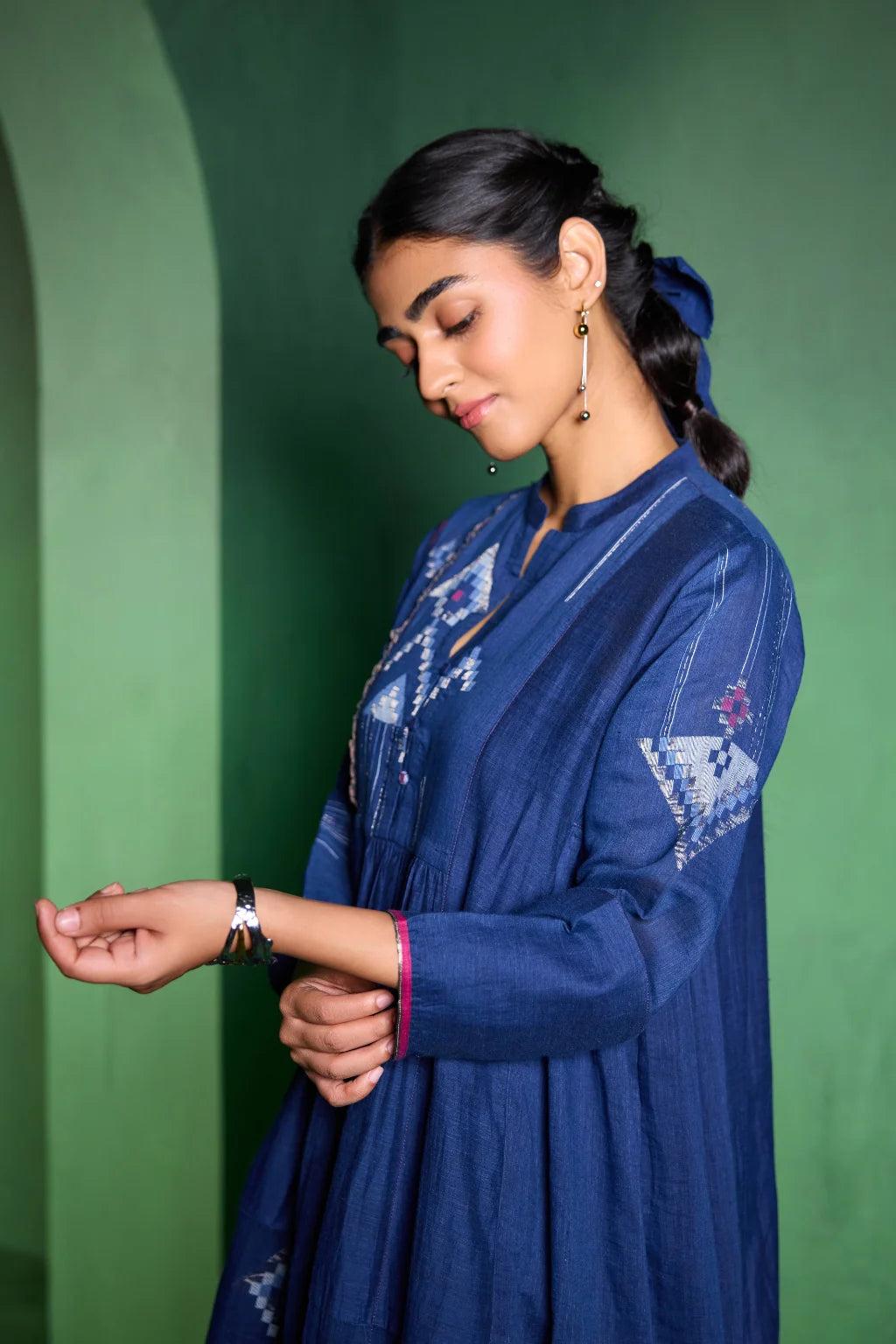 Sarron Neelima Dress, deep indigo silk-cotton Jamdani dress with geometric motifs and a mandarin collar.