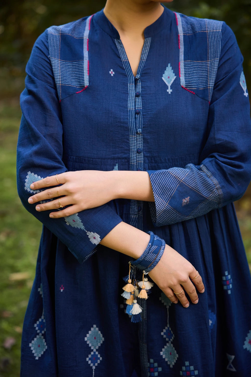 Nimi Dress — Deep indigo blue silk cotton Jamdani dress — fabric detail | Sarron