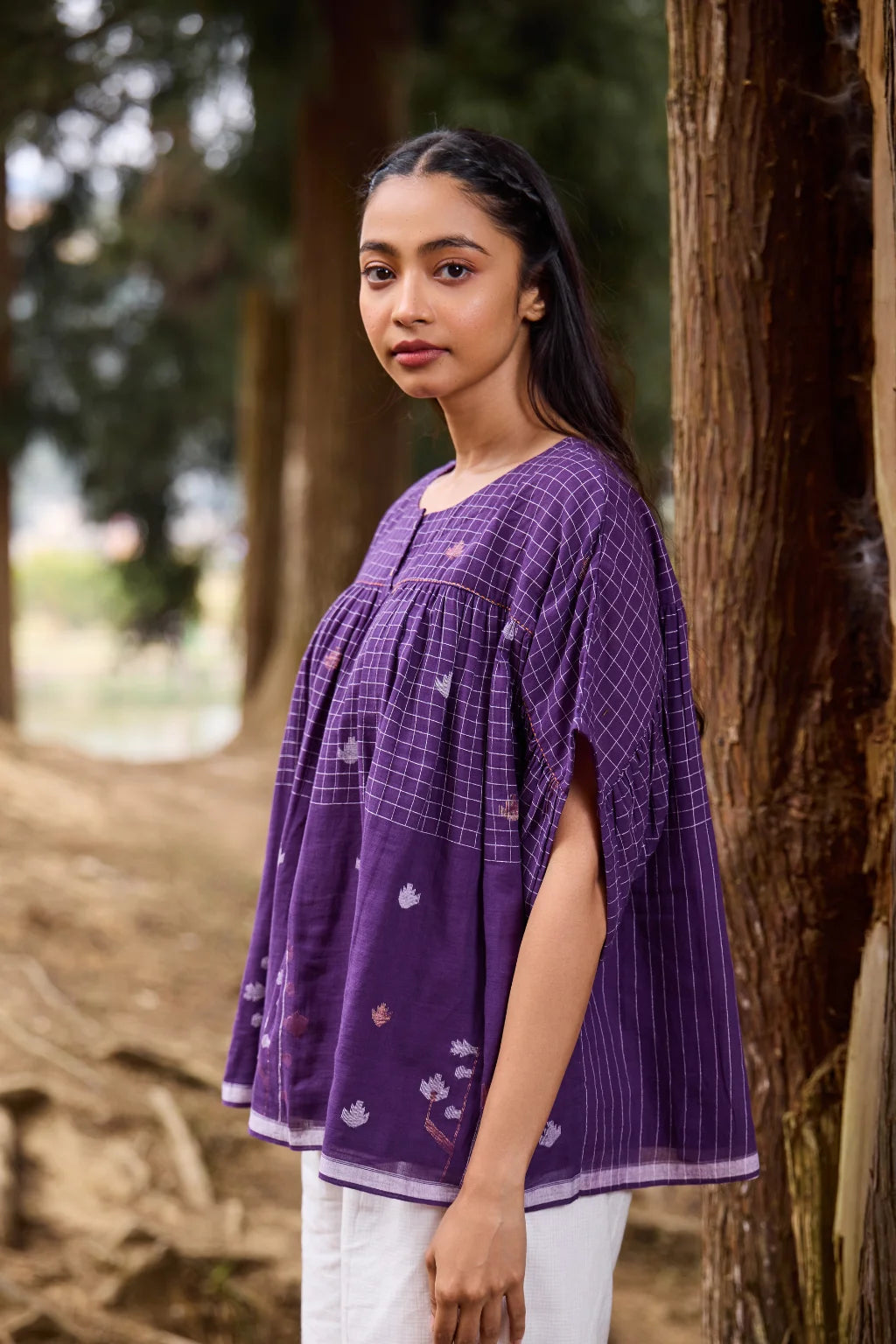 Sarron Pakhila Top, plum purple front-open cotton Jamdani top with handwoven checks and floral motifs.