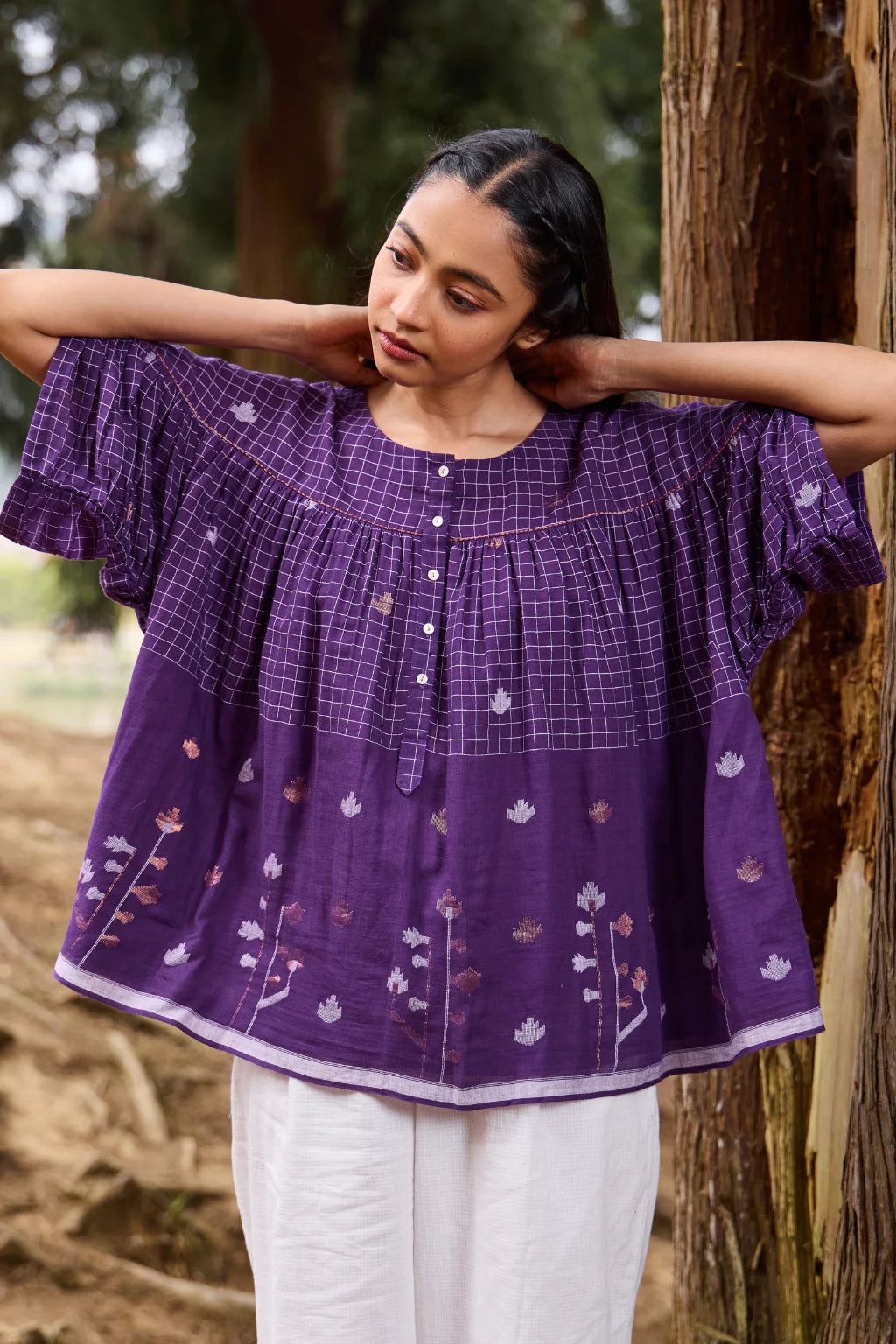 Sarron Pakhila Top, plum purple front-open cotton Jamdani top with handwoven checks and floral motifs.