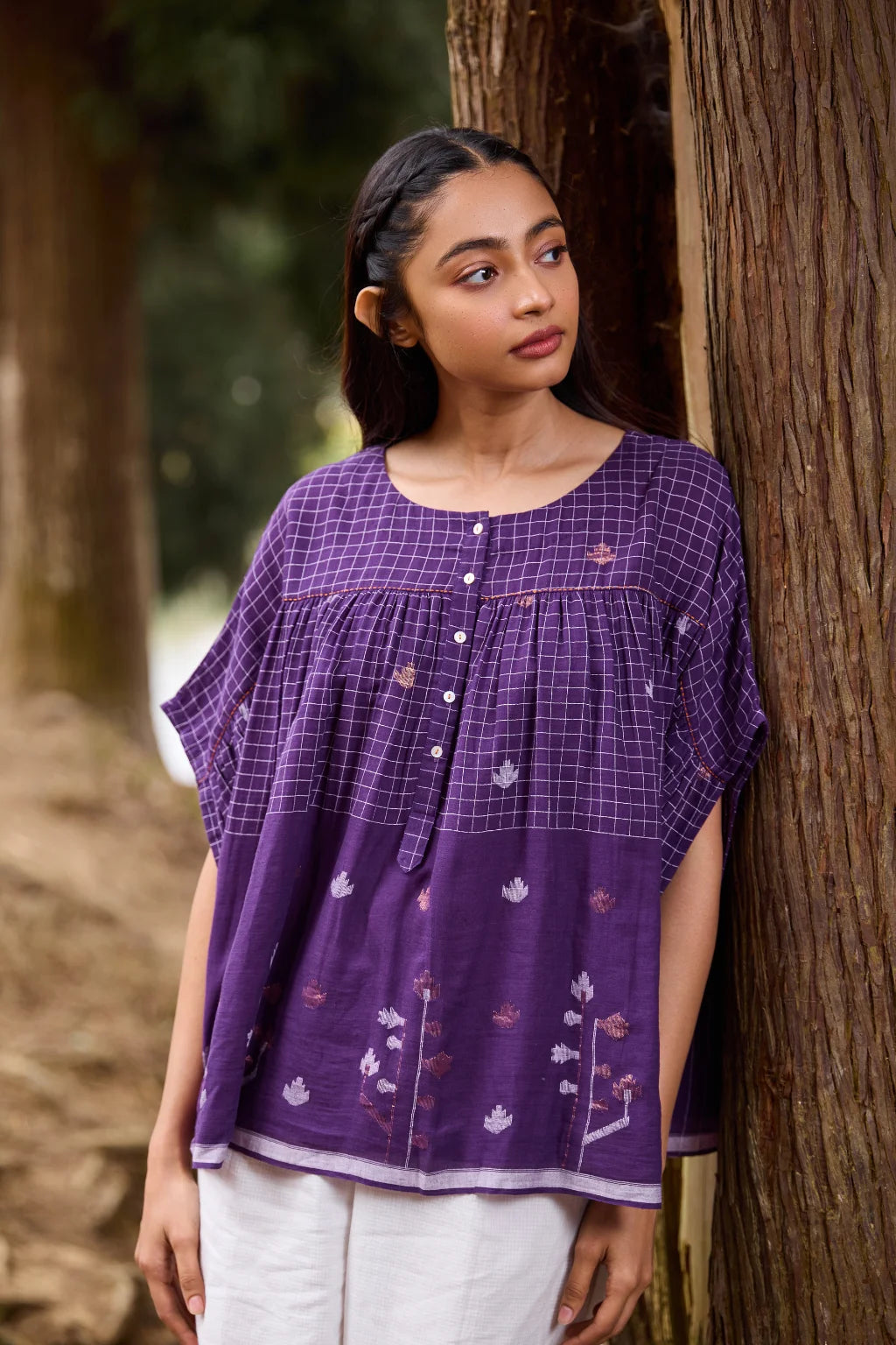 Sarron Pakhila Top, plum purple front-open cotton Jamdani top with handwoven checks and floral motifs.