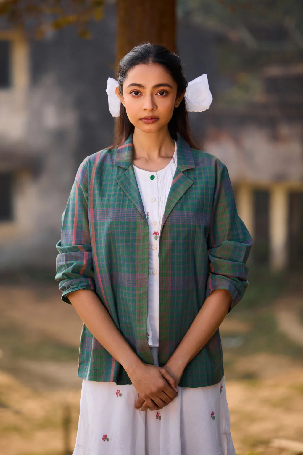 Sarron Piyali Overlay, open-front green checked handloom cotton overlay with a notched collar.