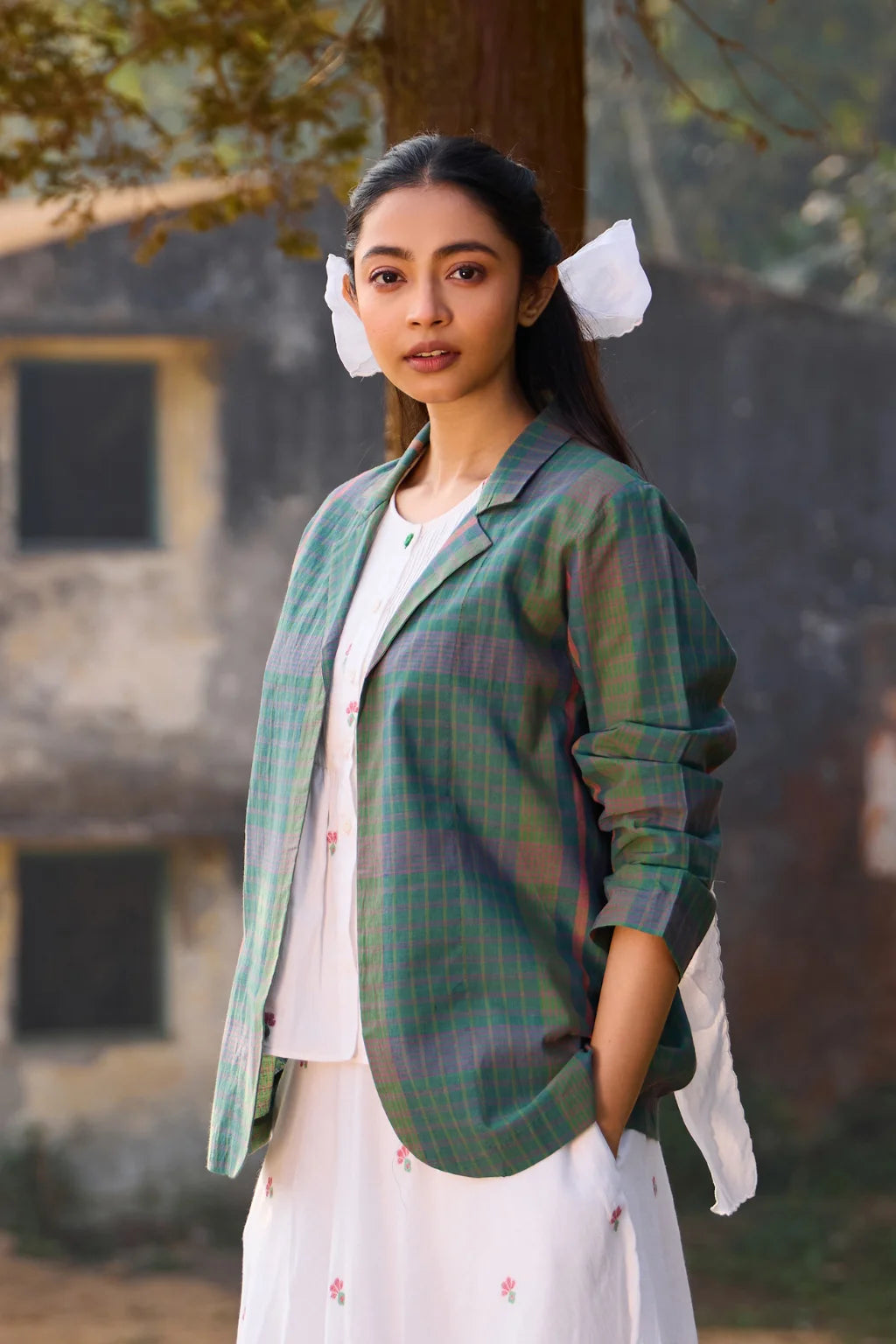 Sarron Piyali Overlay, open-front green checked handloom cotton overlay with a notched collar.