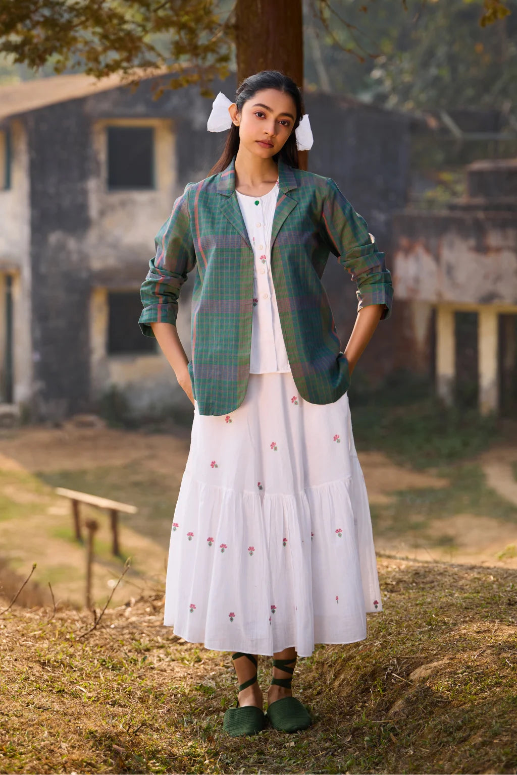 Sarron Piyali Overlay, open-front green checked handloom cotton overlay with a notched collar.