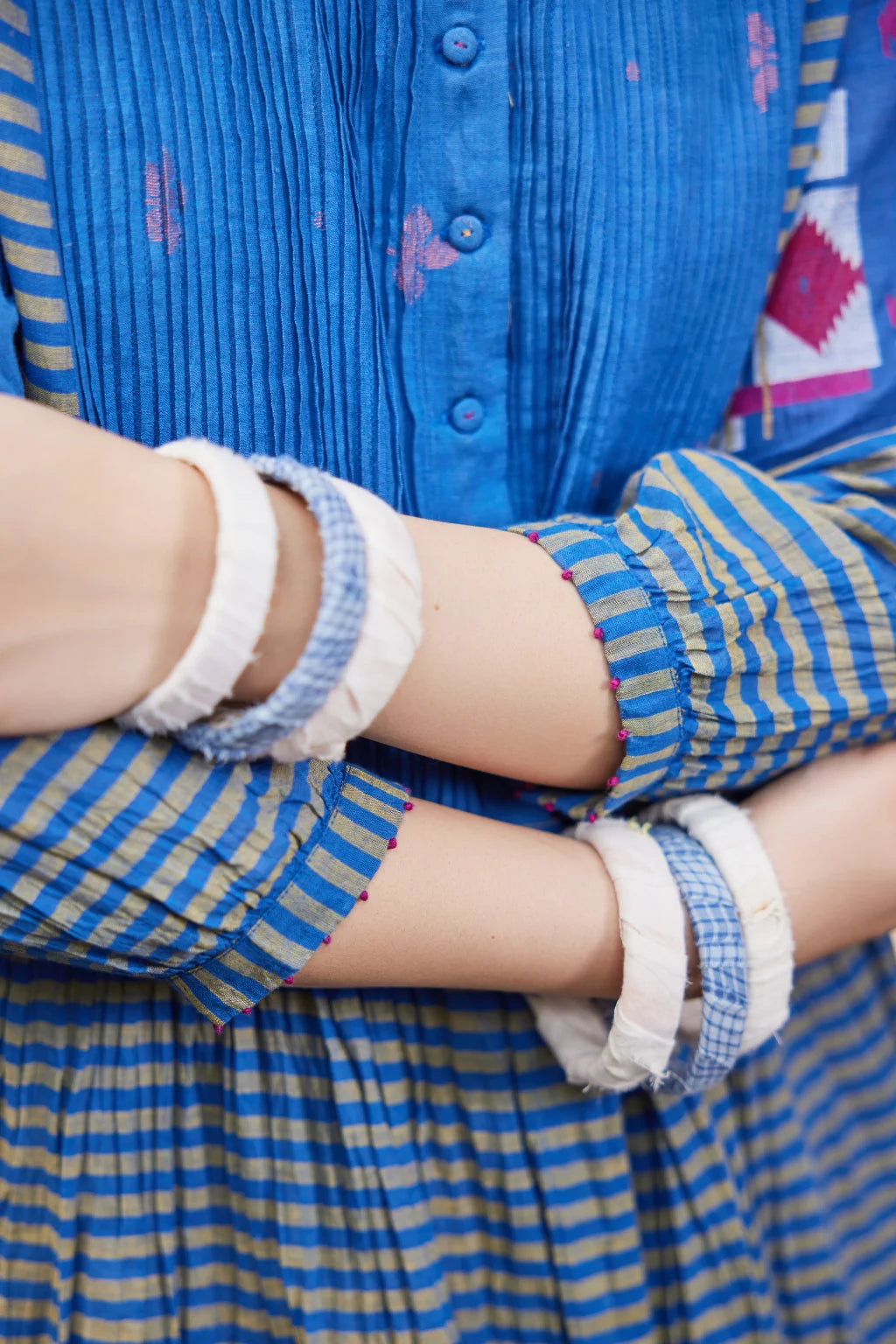 Sarron Priya Dress, blue patchwork dress in cotton Jamdani and striped handloom cotton with pintucks.