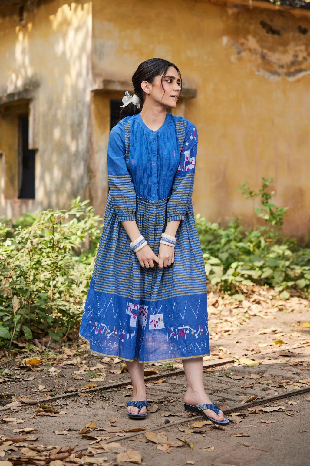 Sarron Priya Dress, blue patchwork dress in cotton Jamdani and striped handloom cotton with pintucks.