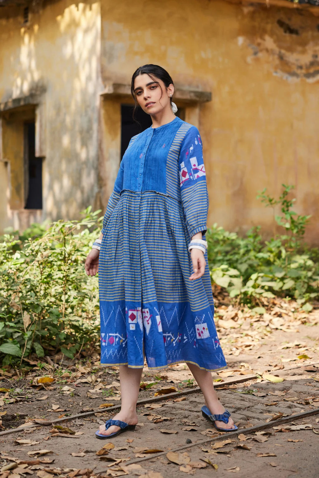 Sarron Priya Dress, blue patchwork dress in cotton Jamdani and striped handloom cotton with pintucks.