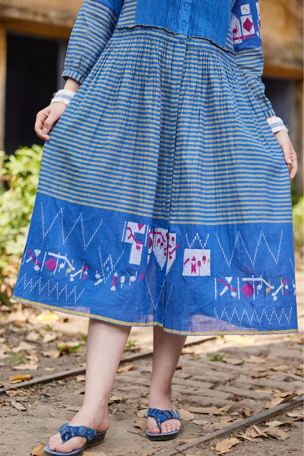Sarron Priya Dress, blue patchwork dress in cotton Jamdani and striped handloom cotton with pintucks.