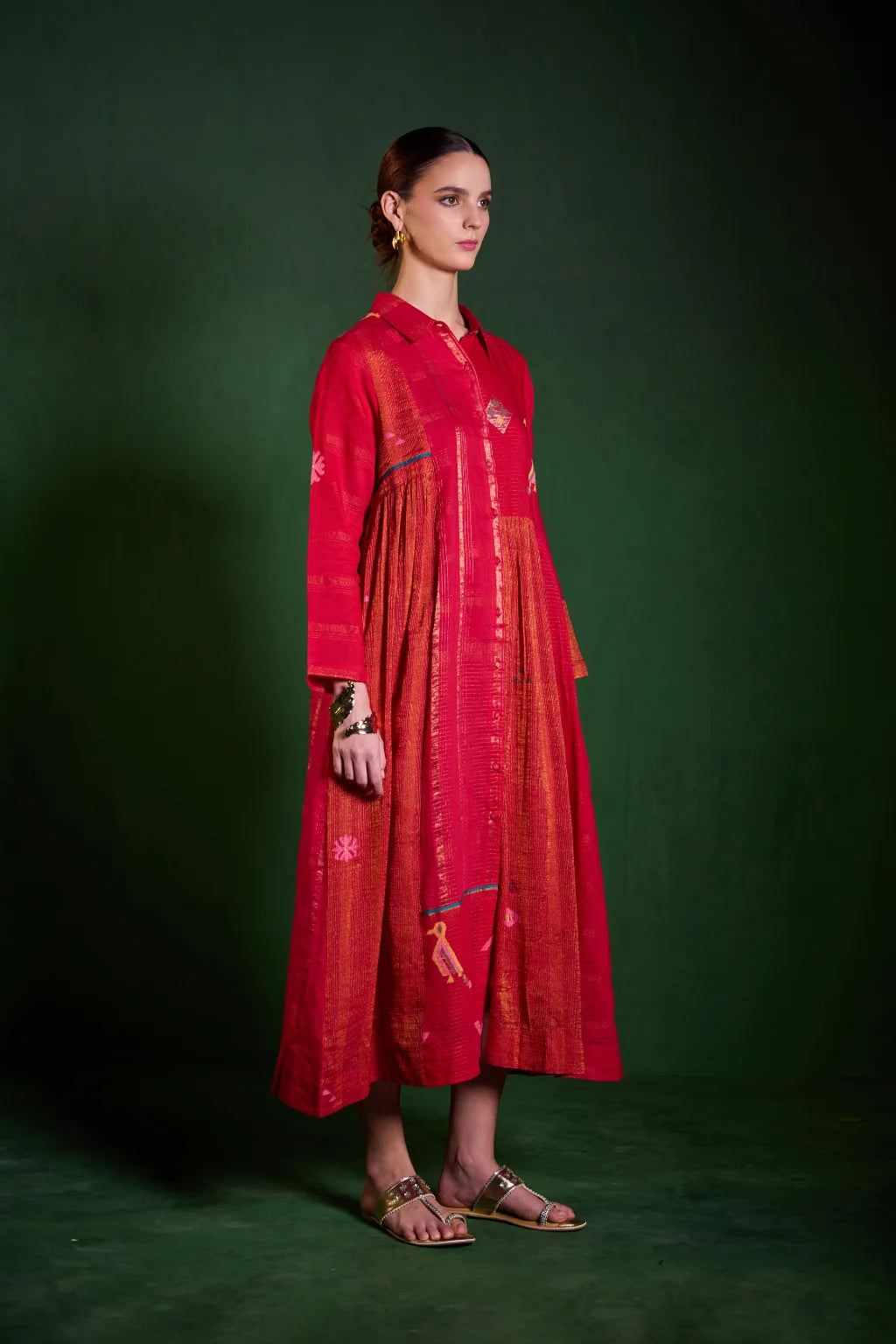 Sarron Ragini Dress, red silk-cotton Jamdani dress with handwoven bird and floral motifs and zari stripes.