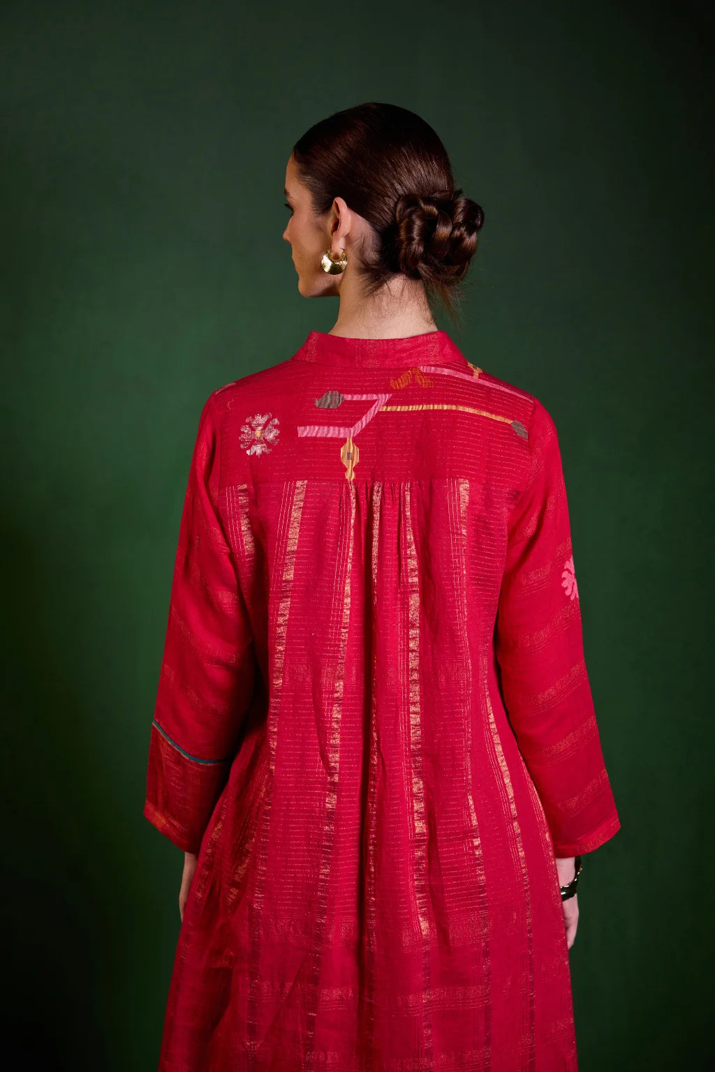 Sarron Ragini Dress, red silk-cotton Jamdani dress with handwoven bird and floral motifs and zari stripes.