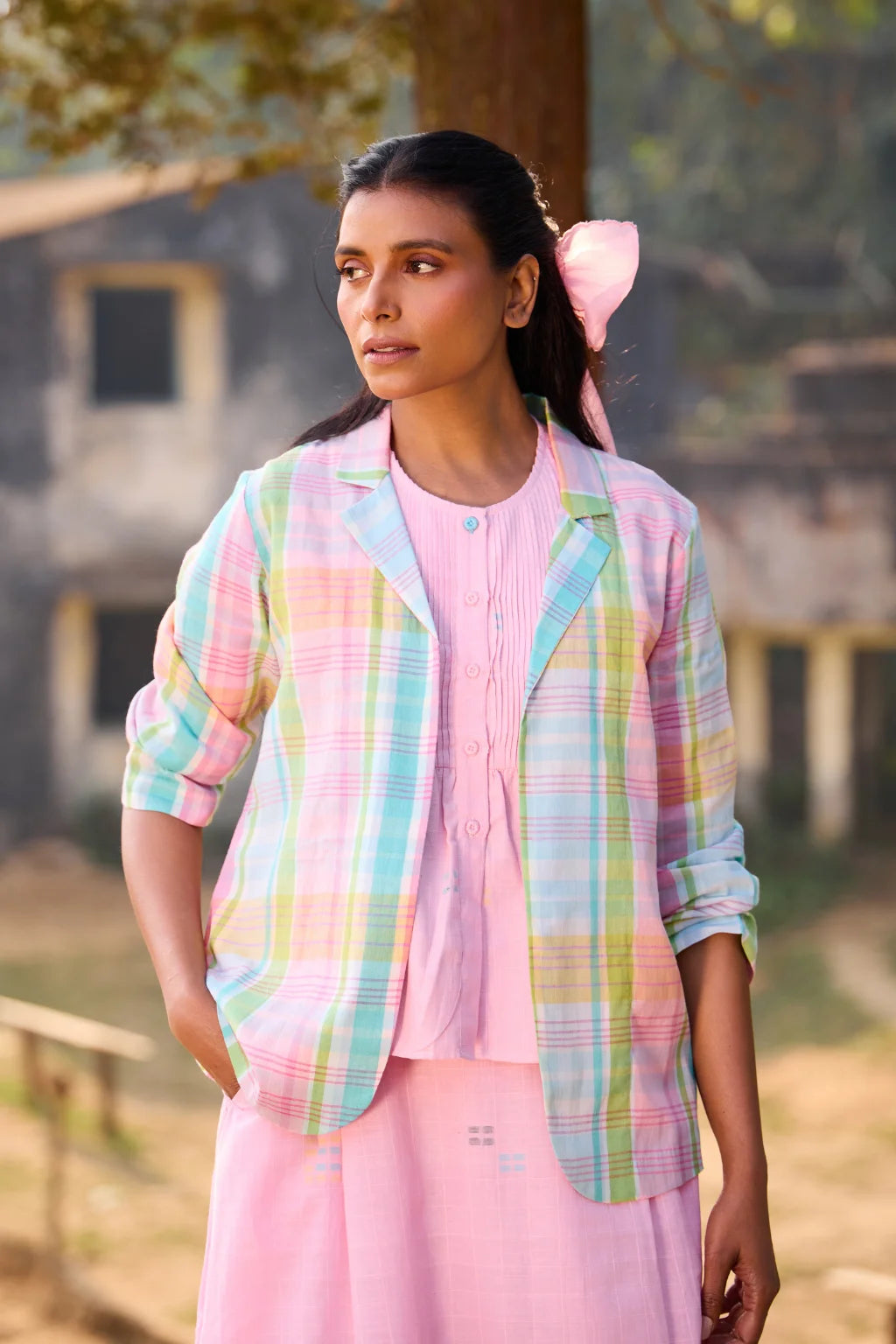 Sarron Rangrez Overlay, open-front pink checked handloom cotton overlay with a notched collar.