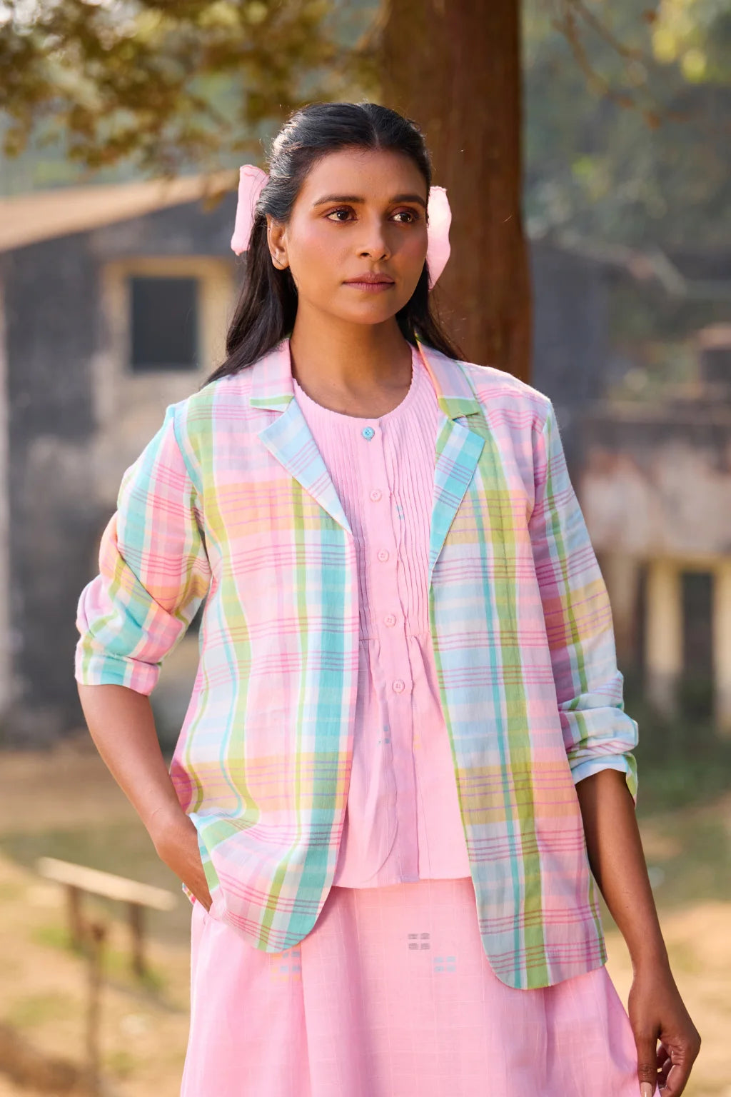 Sarron Rangrez Overlay, open-front pink checked handloom cotton overlay with a notched collar.