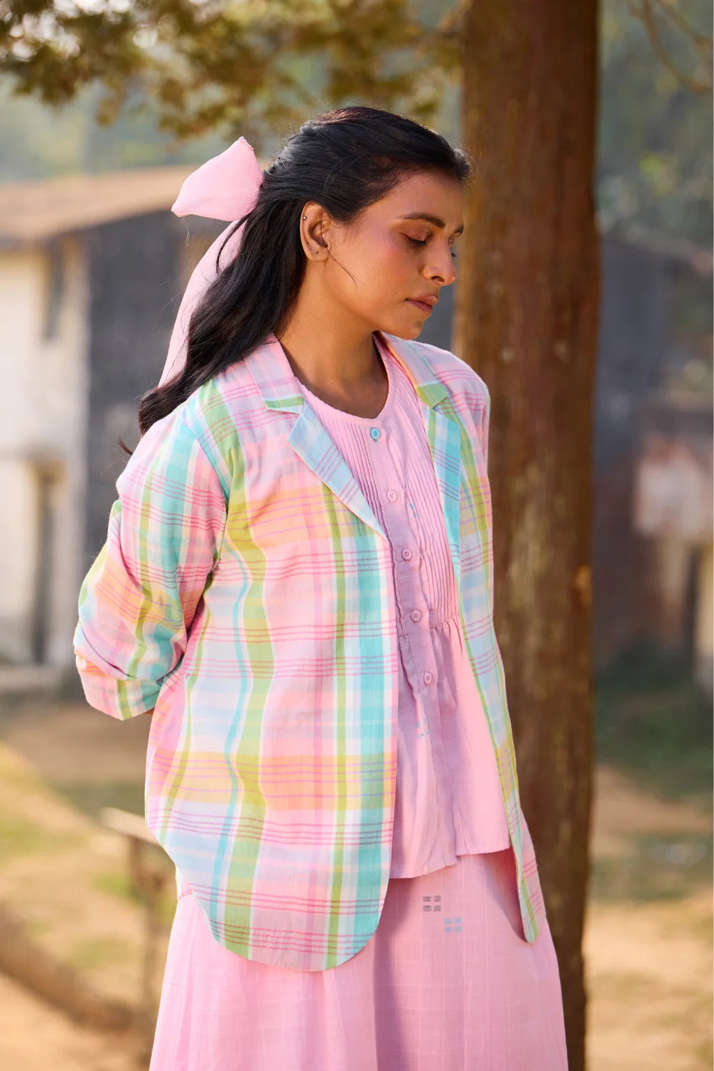 Sarron Rangrez Overlay, open-front pink checked handloom cotton overlay with a notched collar.