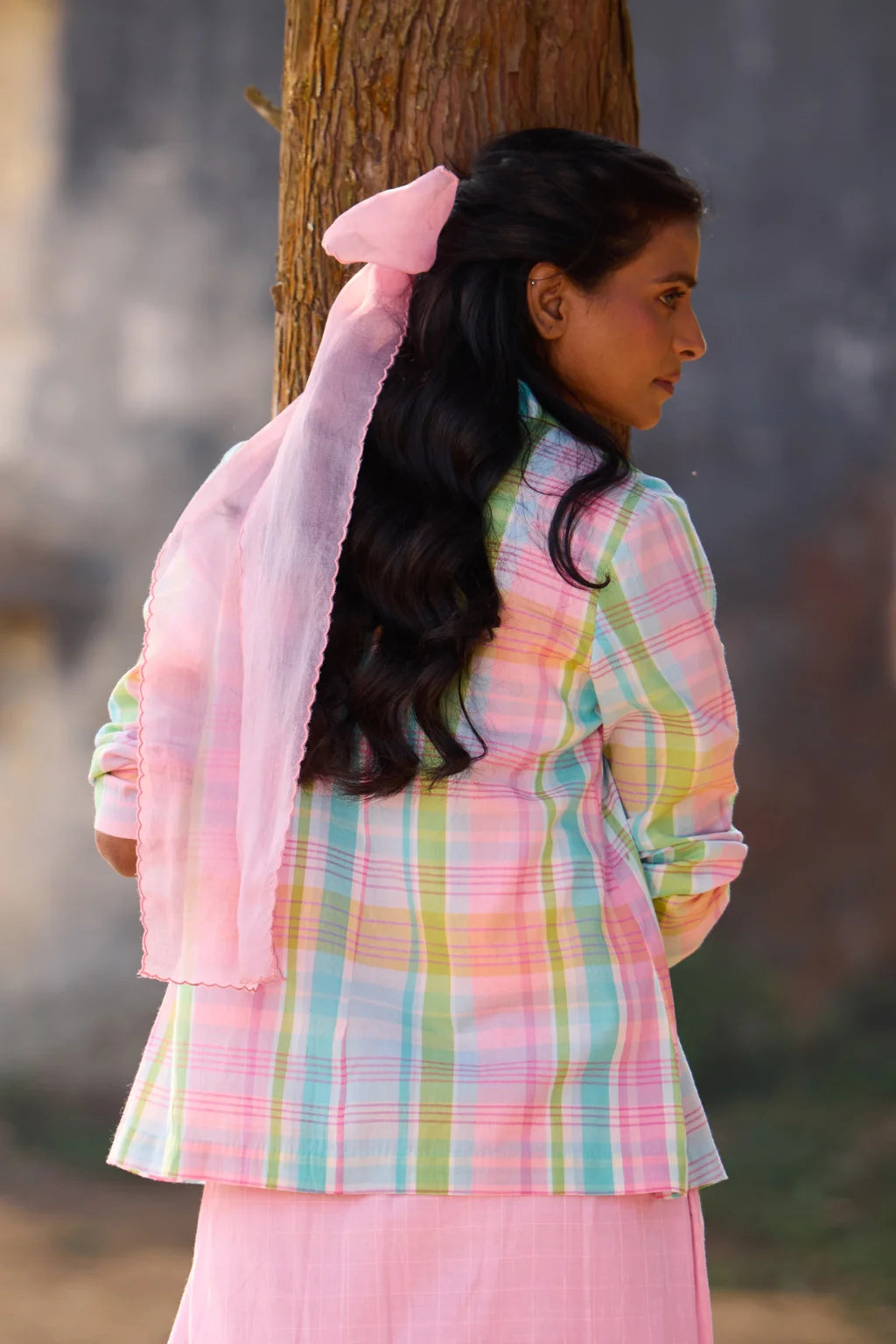 Sarron Rangrez Overlay, open-front pink checked handloom cotton overlay with a notched collar.