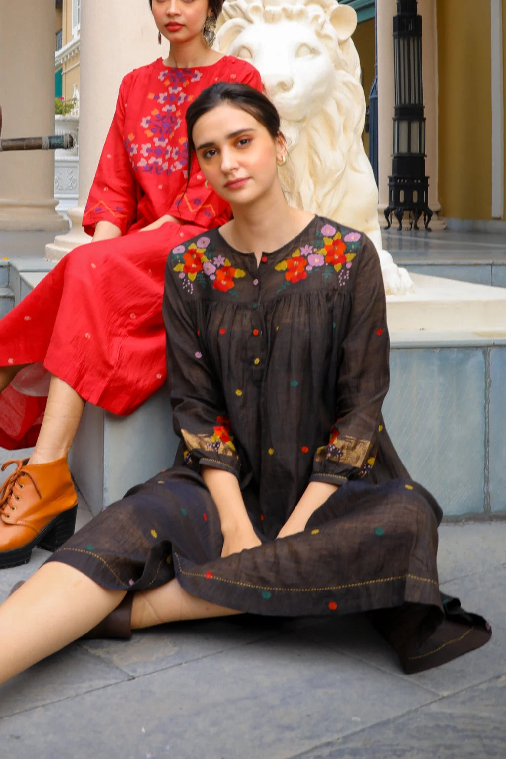 Sarron Rashmi Dress, dark brown silk-cotton Jamdani dress with a floral neckline motif and multicoloured butis.