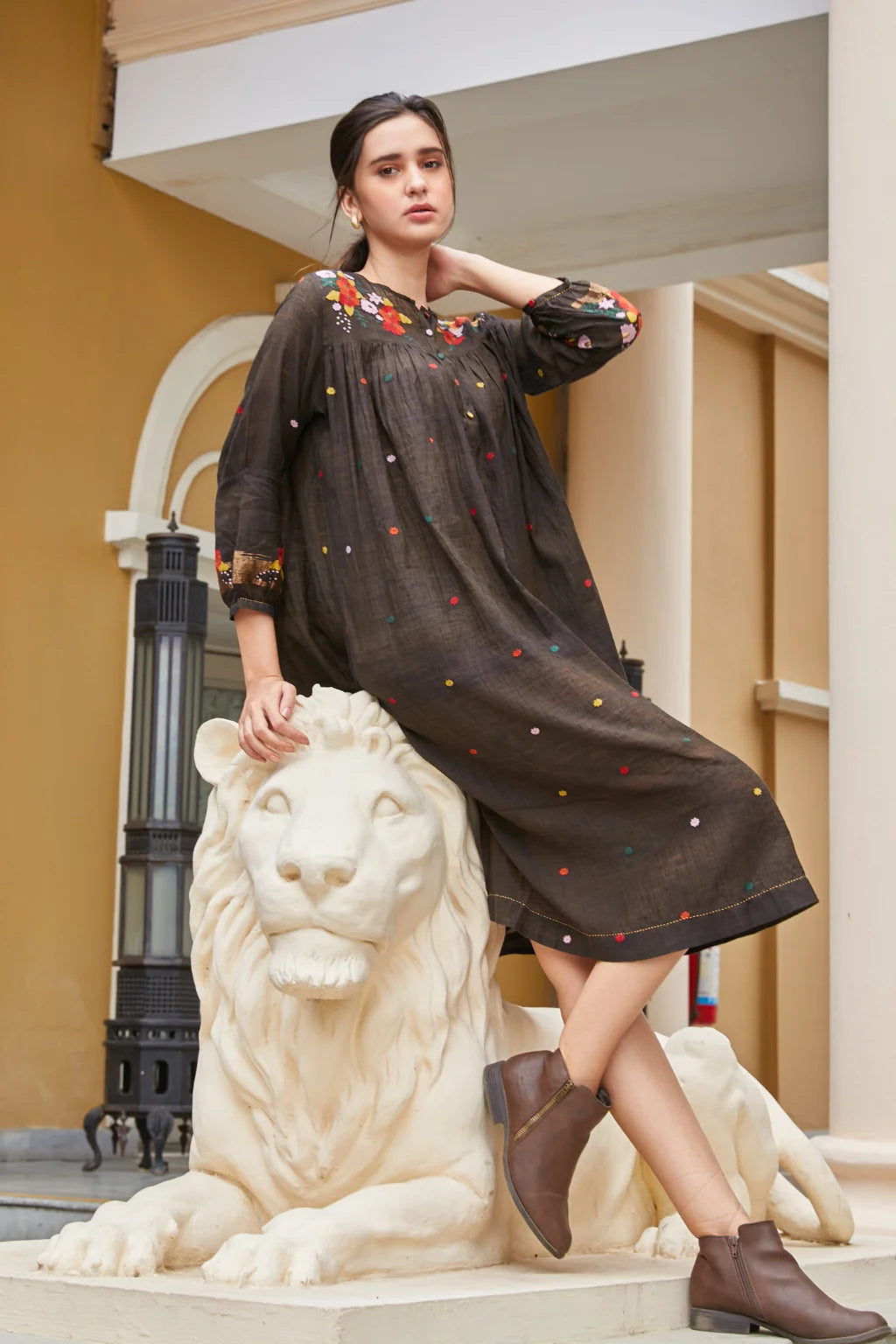 Sarron Rashmi Dress, dark brown silk-cotton Jamdani dress with a floral neckline motif and multicoloured butis.