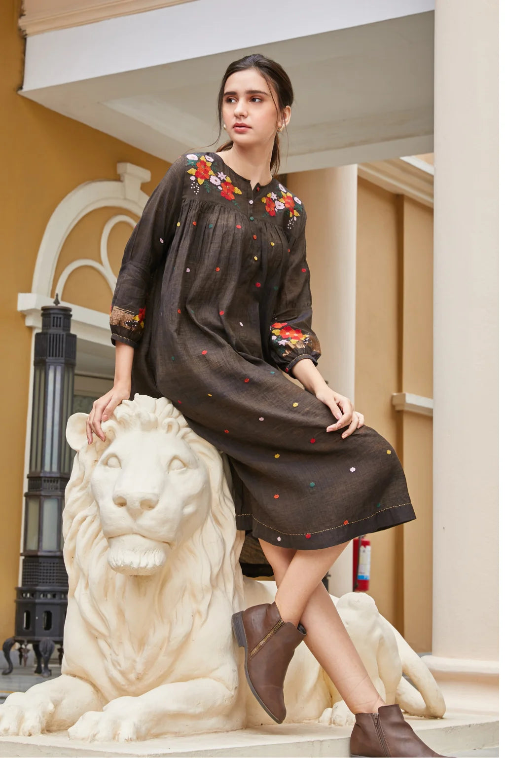 Sarron Rashmi Dress, dark brown silk-cotton Jamdani dress with a floral neckline motif and multicoloured butis.