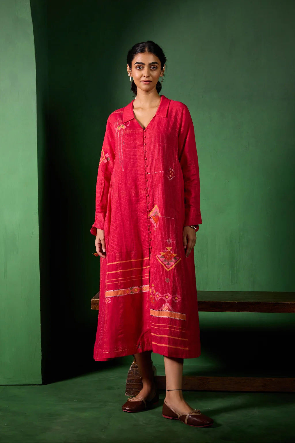 Sarron Rohini Dress, bright red silk-cotton Jamdani dress with a collared V-neck and zari stripes.