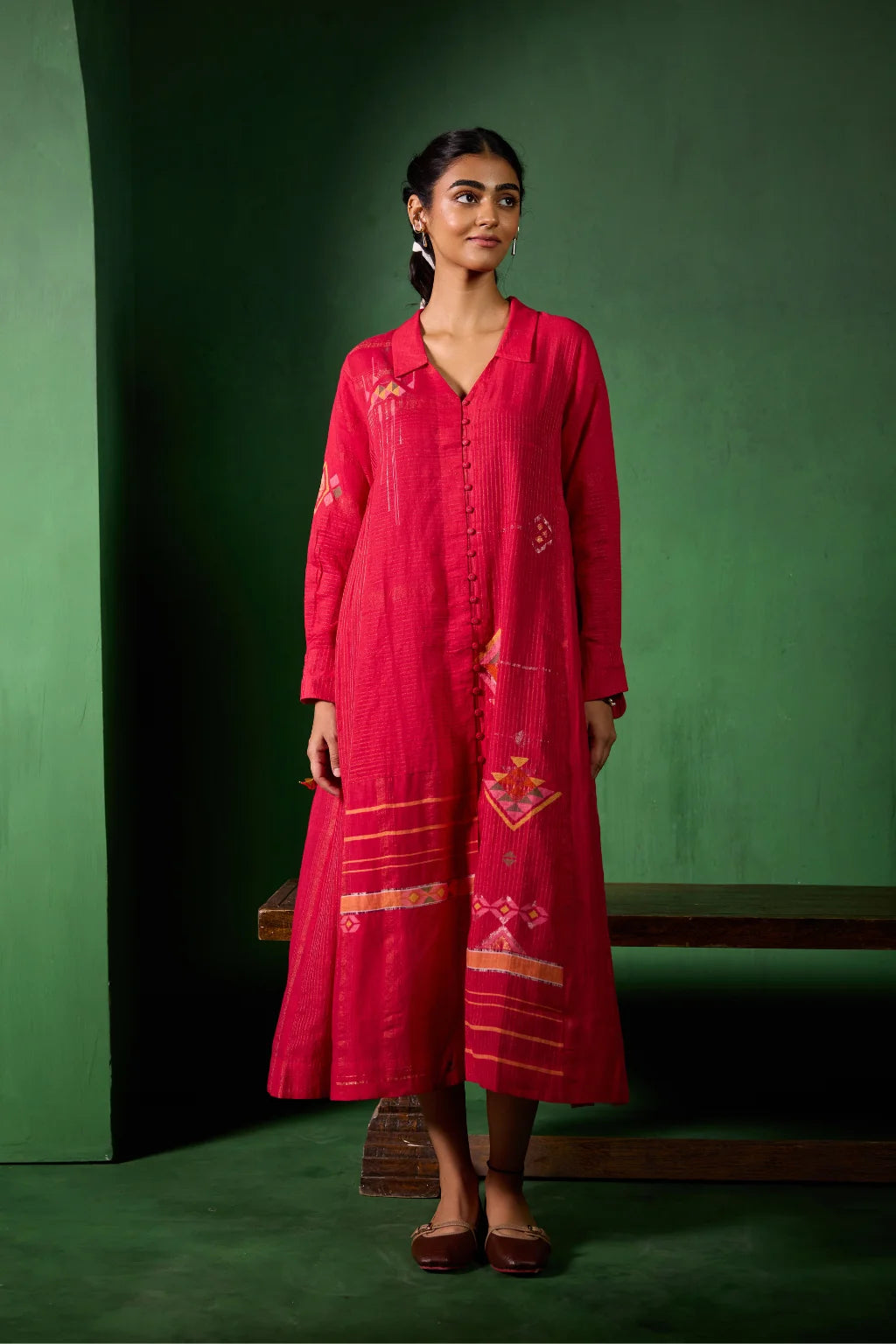 Sarron Rohini Dress, bright red silk-cotton Jamdani dress with a collared V-neck and zari stripes.