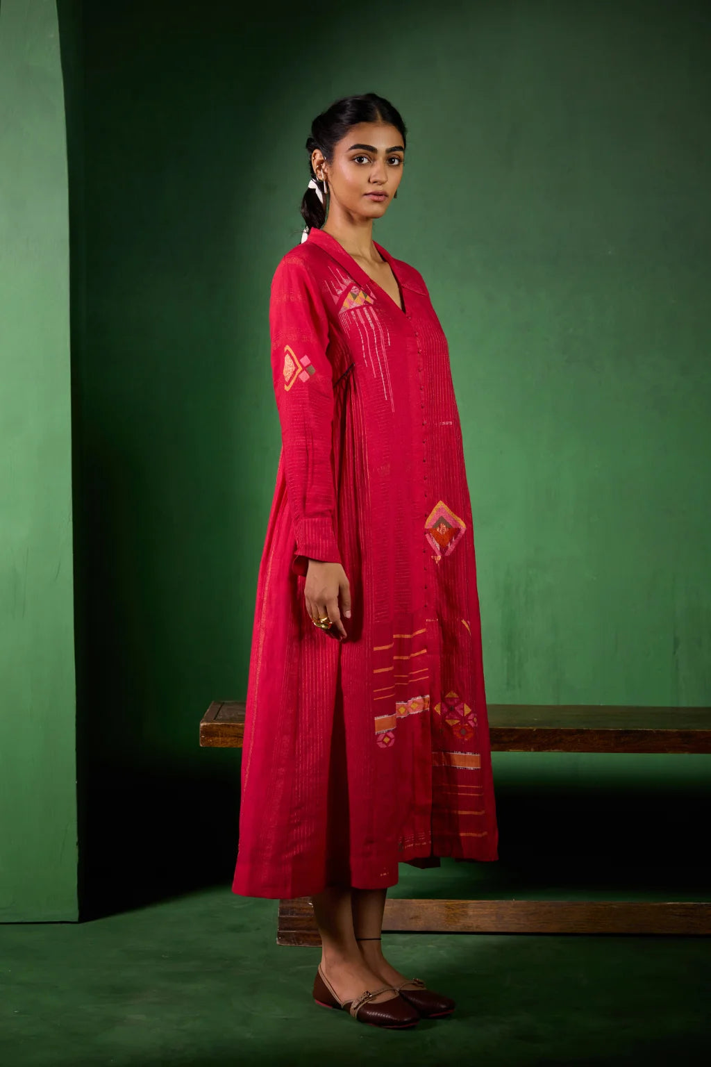 Sarron Rohini Dress, bright red silk-cotton Jamdani dress with a collared V-neck and zari stripes.