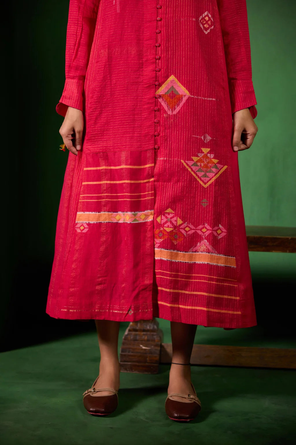 Sarron Rohini Dress, bright red silk-cotton Jamdani dress with a collared V-neck and zari stripes.