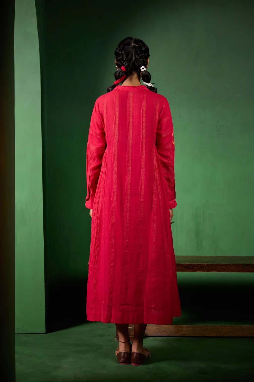 Sarron Rohini Dress, bright red silk-cotton Jamdani dress with a collared V-neck and zari stripes.